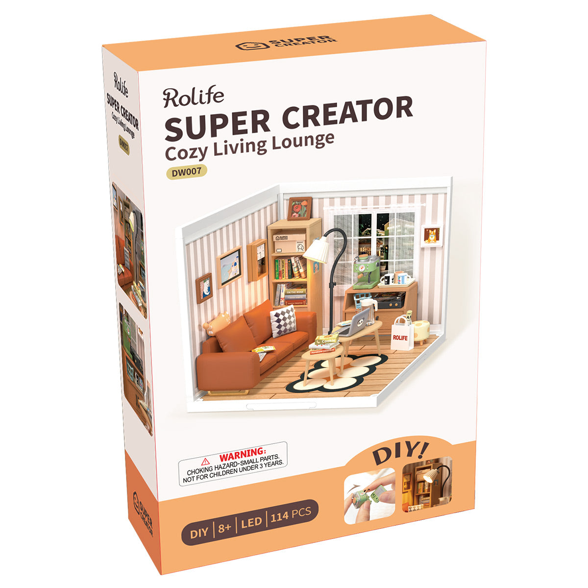 Rolife Super Creator Cozy Living Lounge DW007 retail box front showing the orange and white packaging with a window