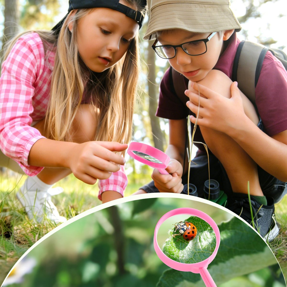 Two children using magnifying glasses to examine ladybug on leaf with ROBUD pink magnifying glass closeup inset shown below