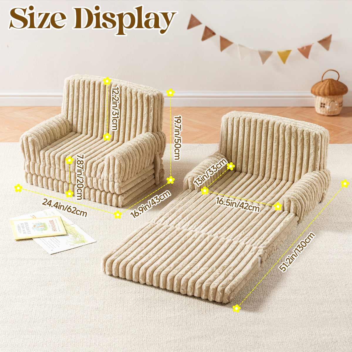 ROBUD Children's Sofa size diagram showing beige ribbed armchair and foldable lounger with measurements in inches and centimeters