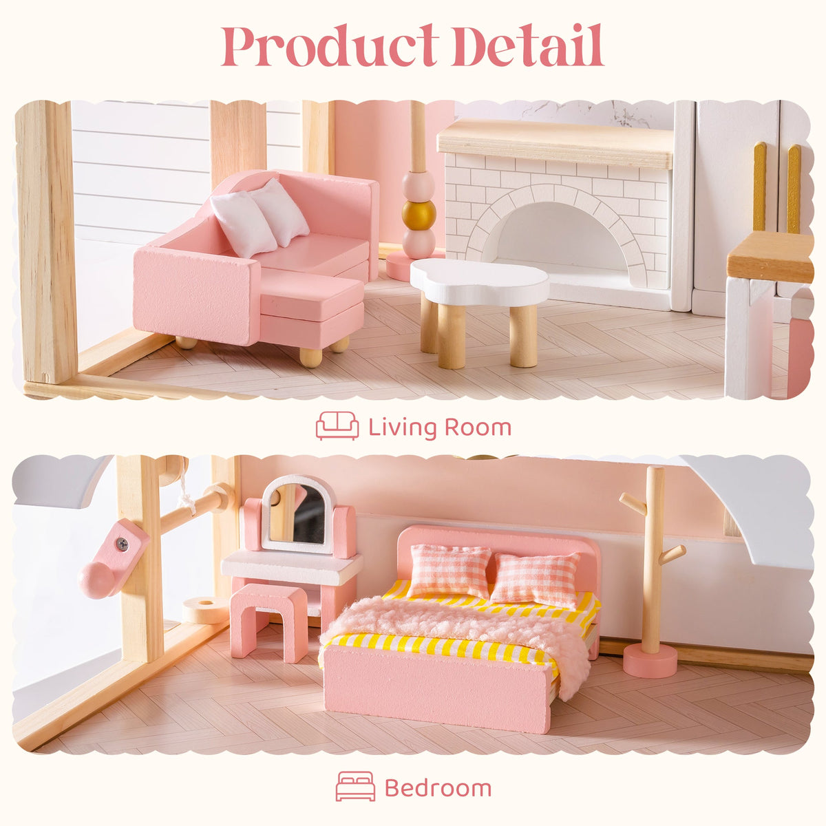 ROBUD Wooden Dollhouse Furniture Set Pink close-up of living room sofa and bedroom pieces in soft pink and white painted wood