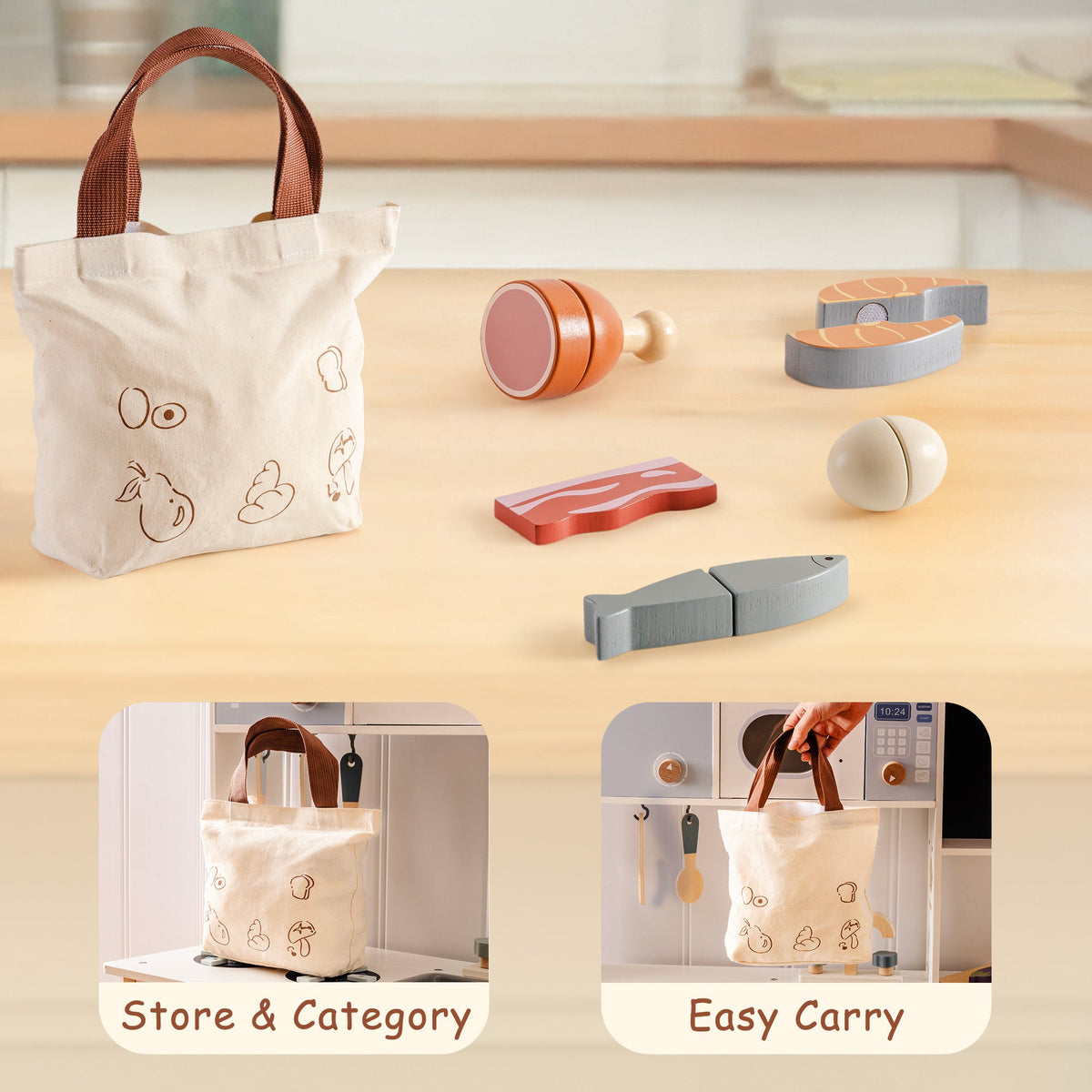 ROBUD wooden meat playset store and carry infographic showing tote bag with pieces on countertop and bag hanging in a play kitchen with microwave
