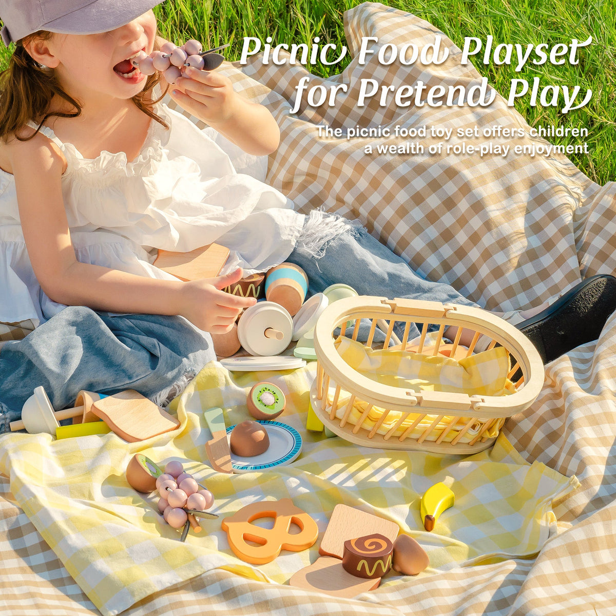 ROBUD Kids Wooden Picnic Play Food Set lifestyle scene with two children sharing food pieces from the yellow checked picnic blanket playset