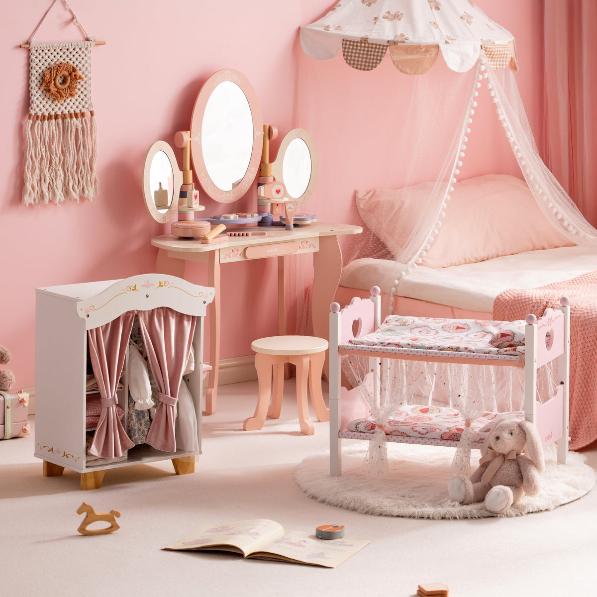 ROBUD doll furniture set showing a pink wardrobe with curtains vanity mirror and cradle under a canopy in a play space.