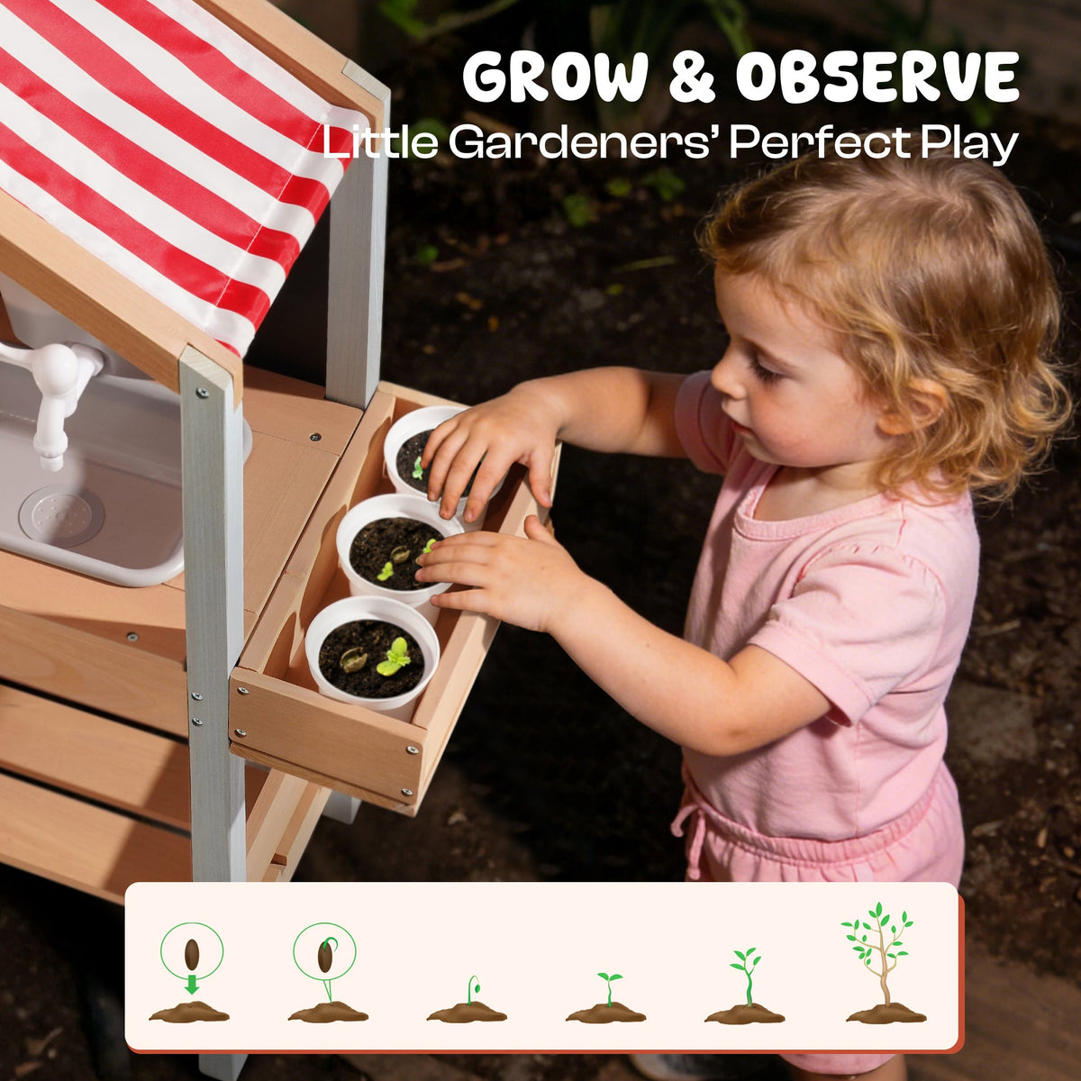 Young girl planting seeds in ROBUD outdoor mud kitchen's planting pots under the red stripe canopy with garden grow callout
