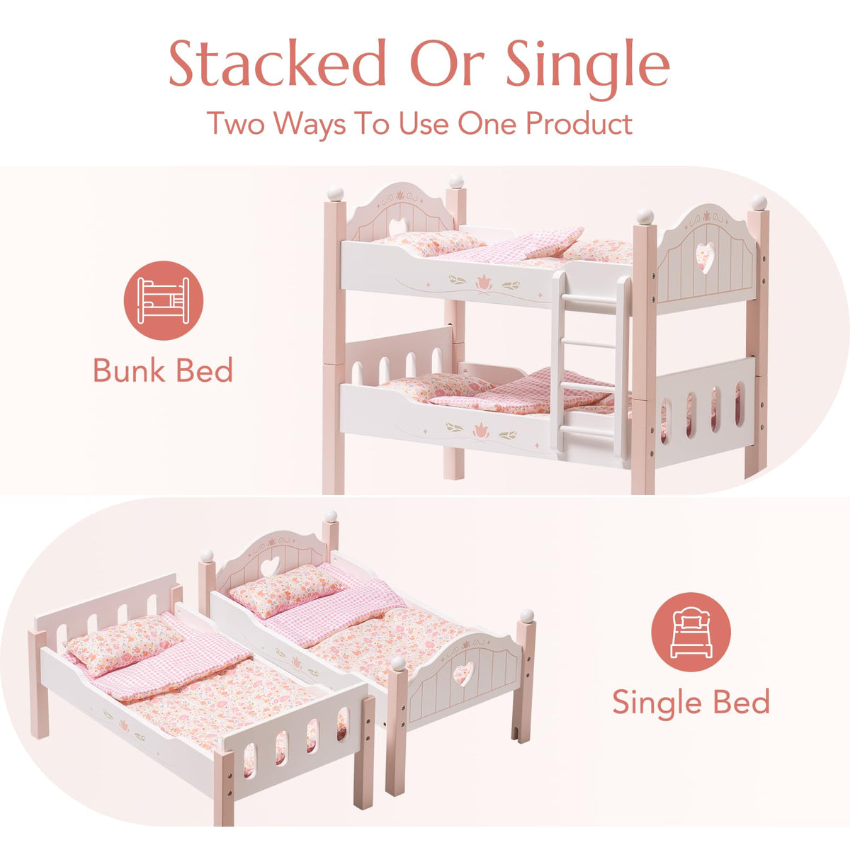 ROBUD wooden doll bunk bed shown in two configurations: stacked bunk bed and separated into two individual single beds.