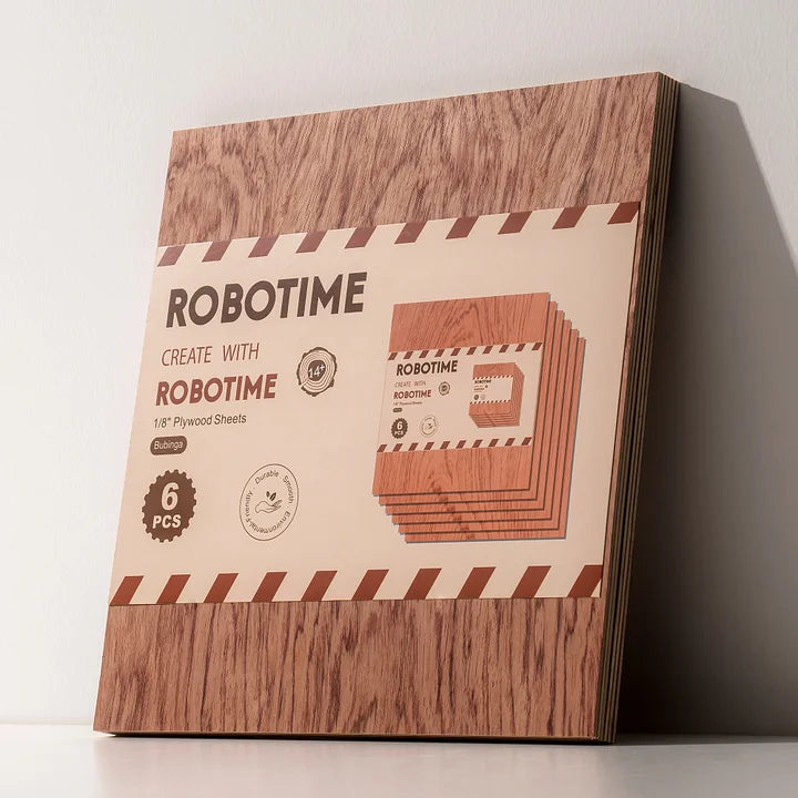 Robotime stack of six square dark walnut plywood sheets with branded red label on top, viewed from front corner