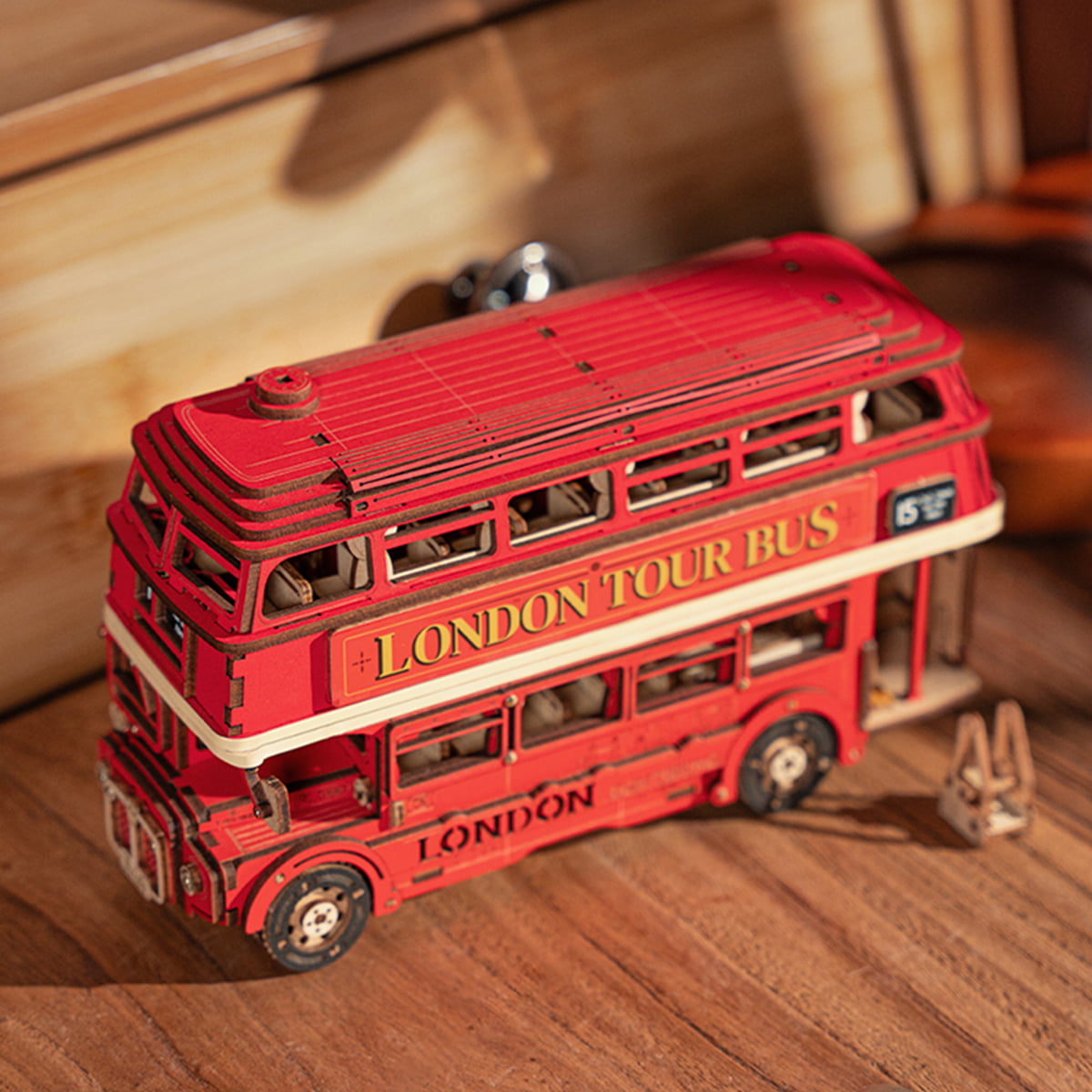 Rolife London Tour Bus red double-decker wooden model front view with LONDON lettering on lower body panel