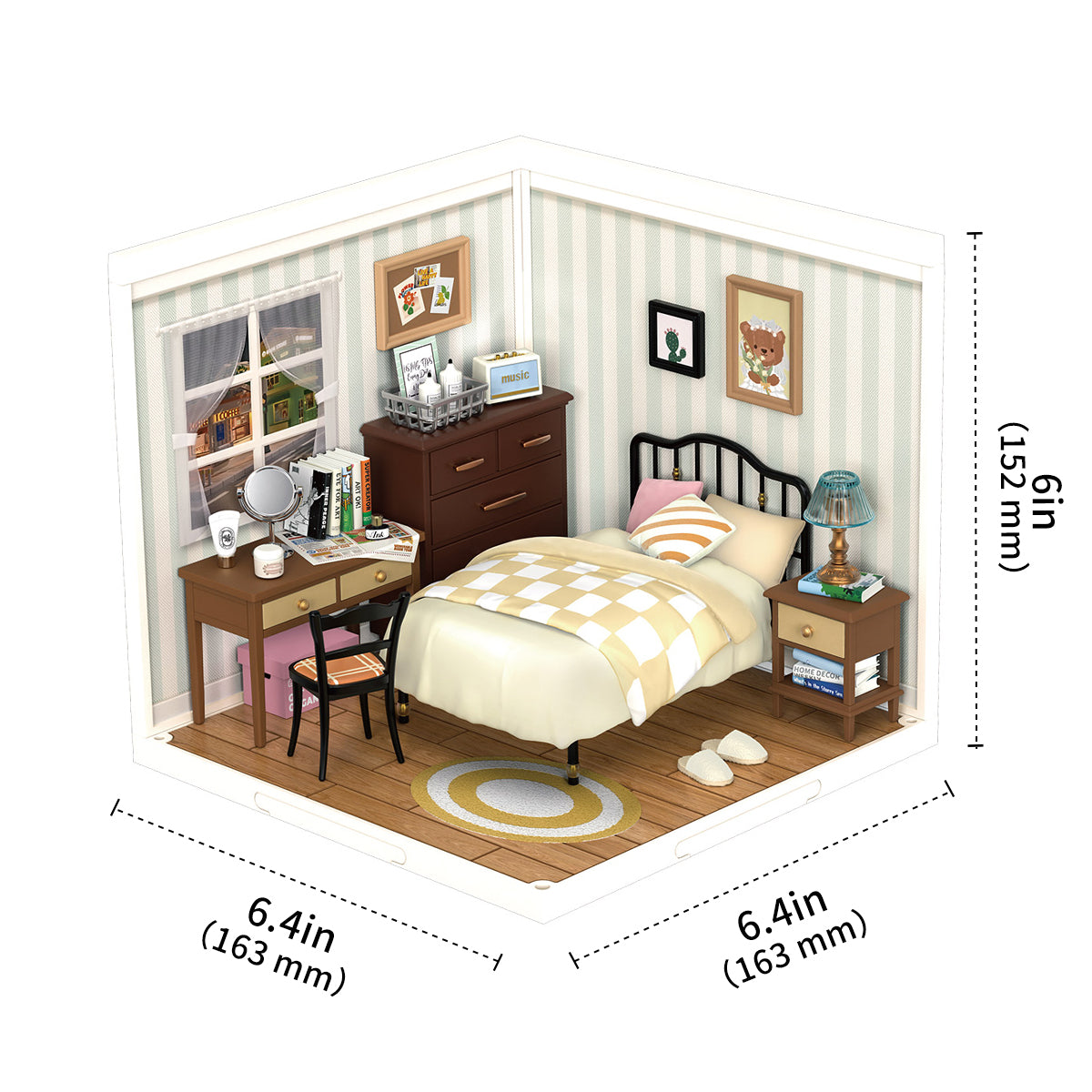 Rolife Sweet Dream Bedroom DW009 DIY book nook miniature kit, front view on a neutral background