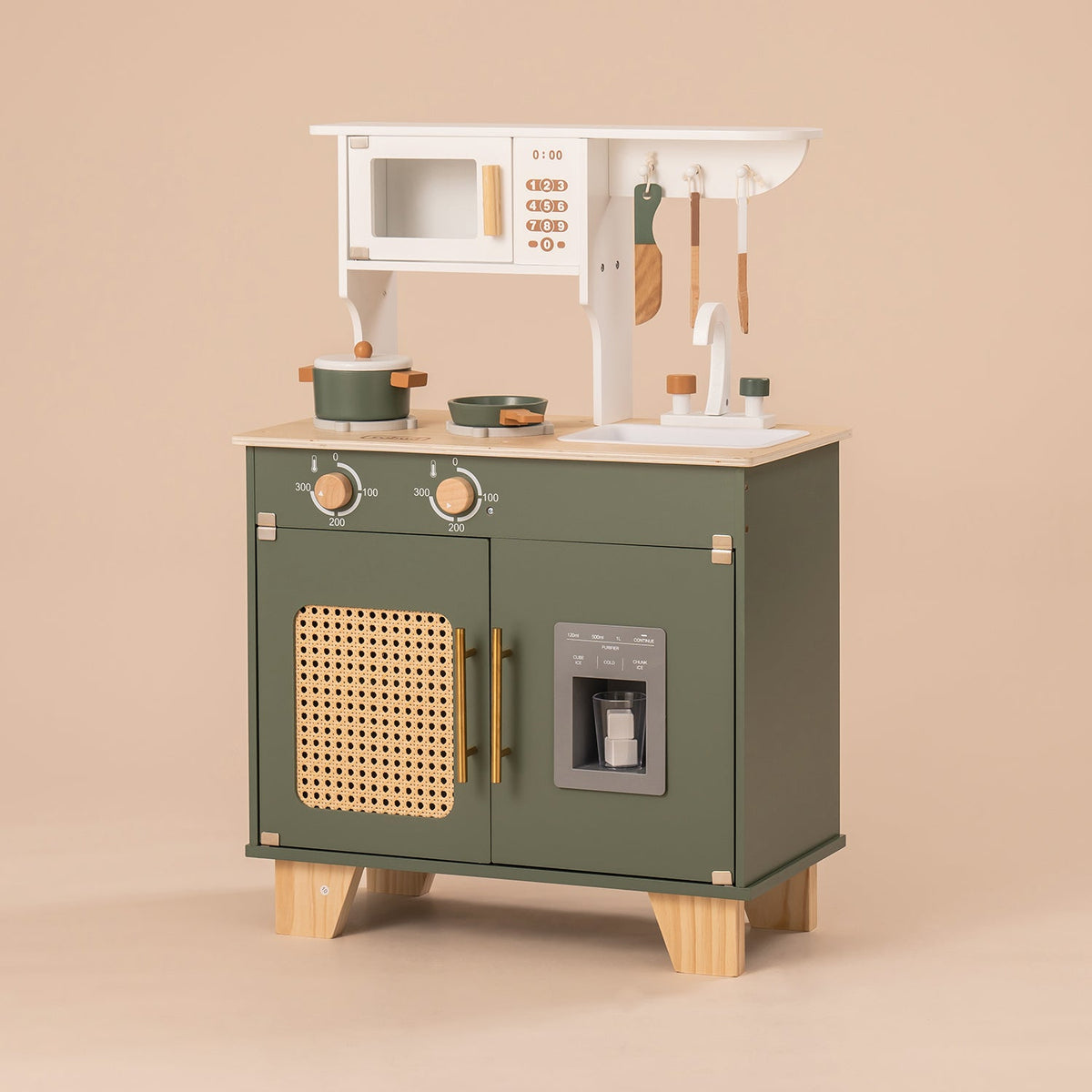 ROBUD vintage green wooden play kitchen WCF04 front view with rattan cabinet doors, oven and hutch in sage green