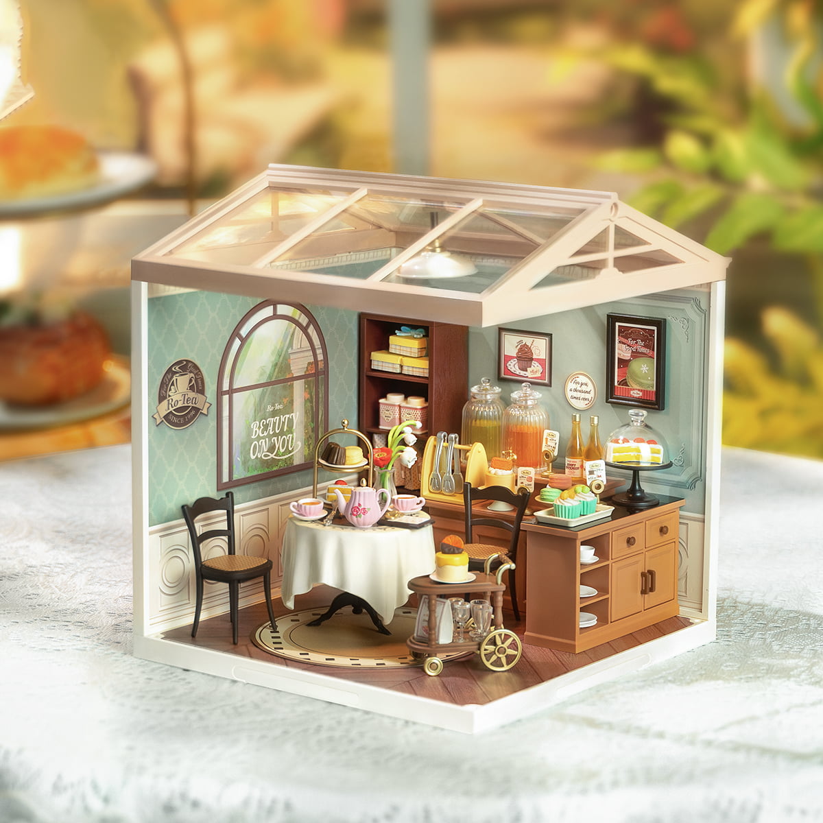 Rolife Sweet Sips Tea DW011 DIY book nook miniature kit, top-down view of the assembled model