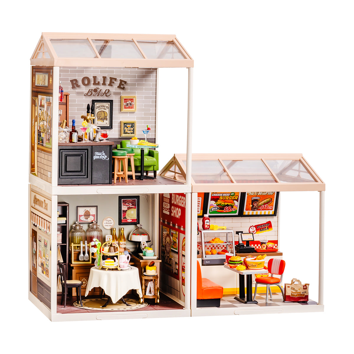 Rolife Super Creator 3 in 1 L Shape DIY miniature dollhouse kit, close-up of intricate laser-cut parts