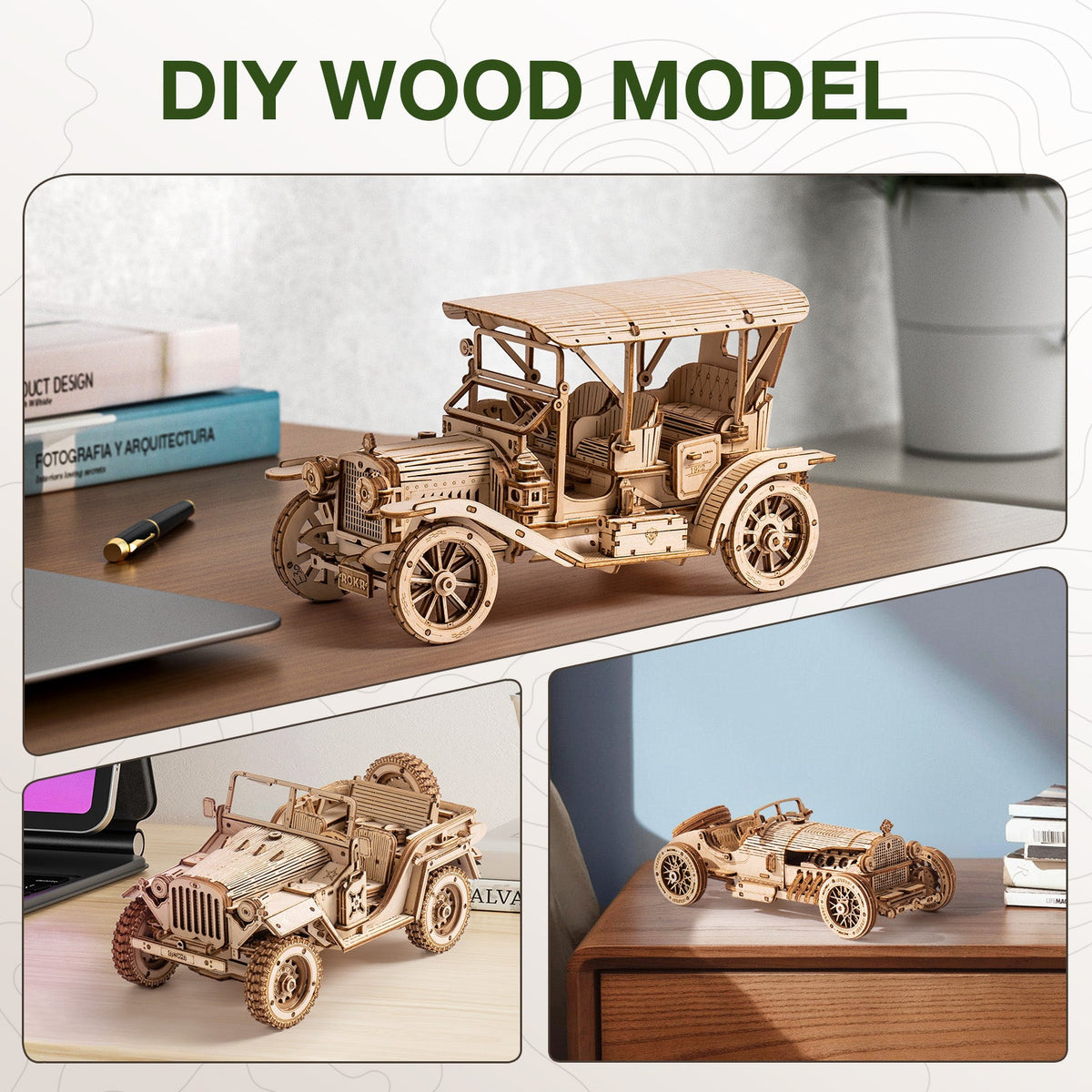 Robotime plywood sheets DIY model inspiration showing three wooden vehicle models including a vintage touring car, military jeep and a grand prix racing car.