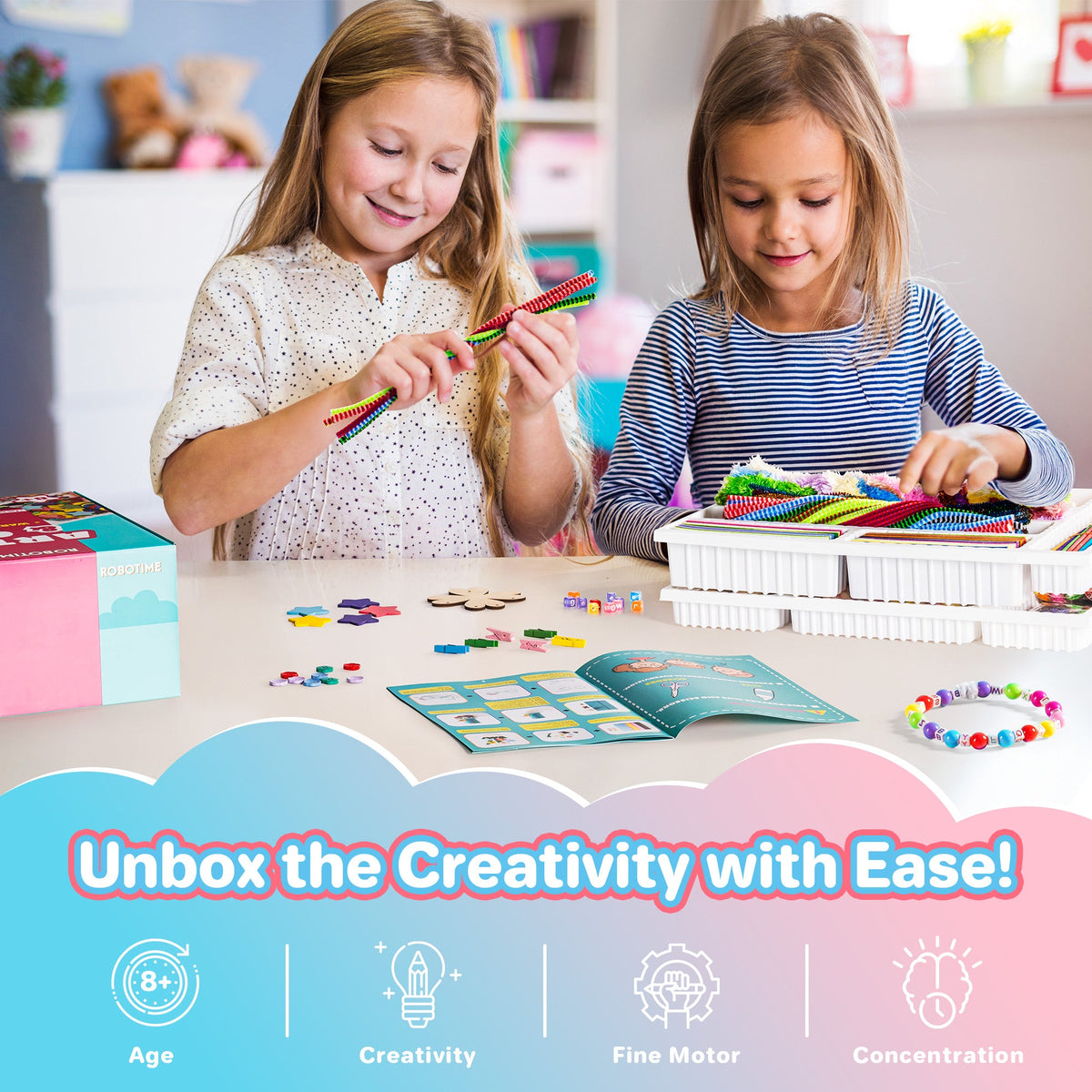 Two girls sitting at a craft table using the Robotime Arts and Crafts Warehouse PA002 tray with beads and wooden shapes, with a bead bracelet displayed in the foreground