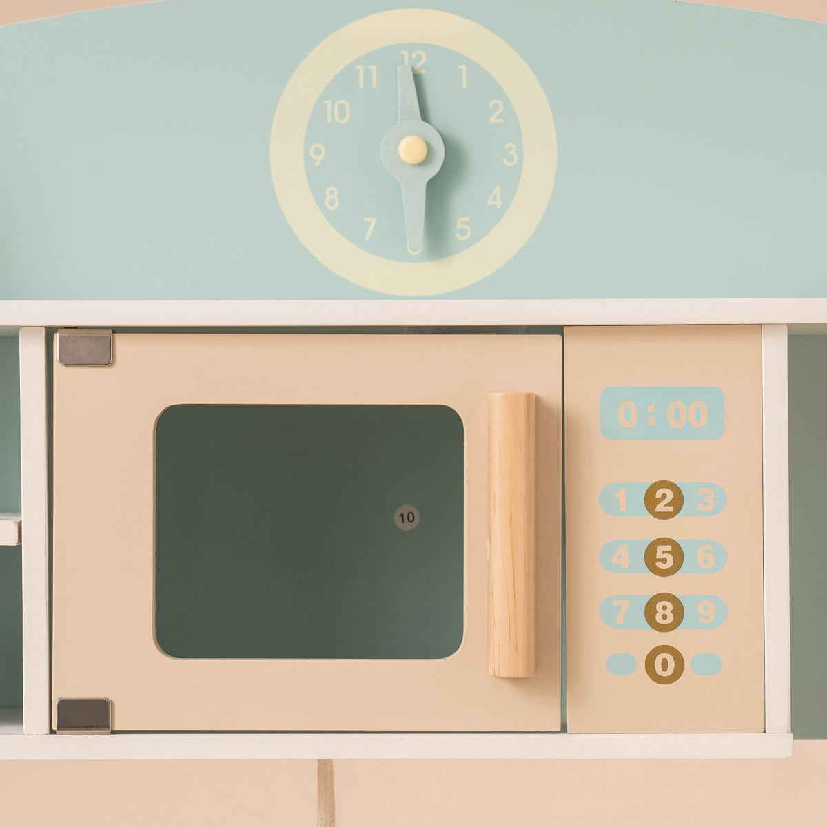 ROBUD play kitchen upper section with dark green microwave door, wall clock and numbered control panel