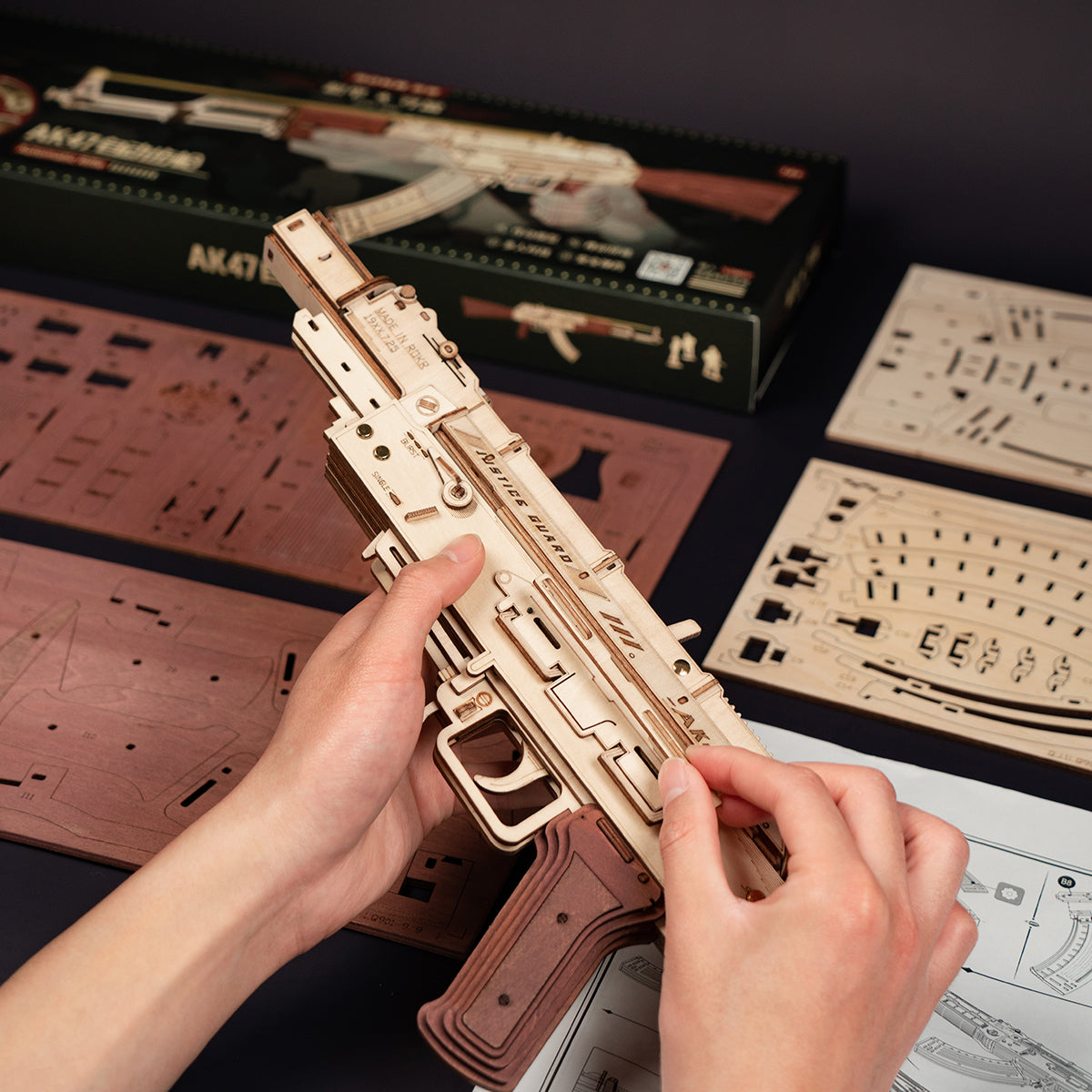 ROKR AK-47 Assault Rifle Toy Gun LQ901 3D wooden puzzle, packaged kit with instruction manual