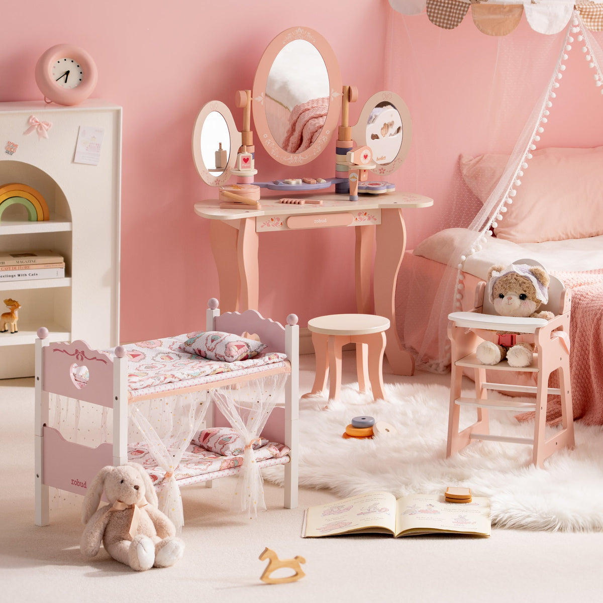 ROBUD doll furniture collection with white canopy bunk bed vanity table and pink high chair in a pastel nursery.