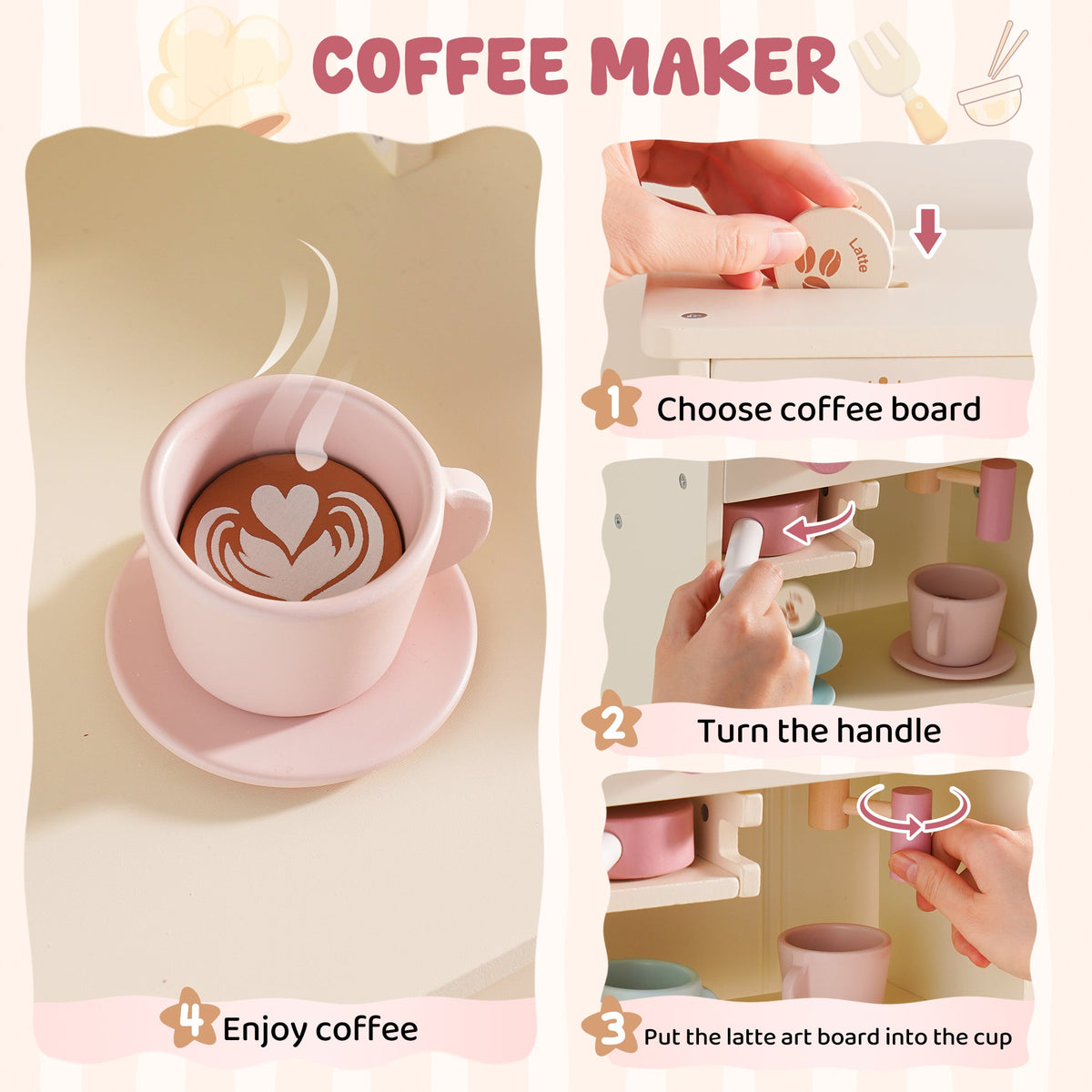 ROBUD Pink Baking Kitchen coffee maker feature showing step-by-step coffee board insert, handle turn and cup filling process