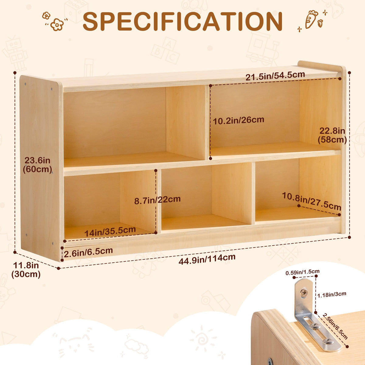 ROBUD Wooden Storage Cabinet specification chart showing 44.3 by 11.8 by 21.5 inch dimensions in natural birch wood