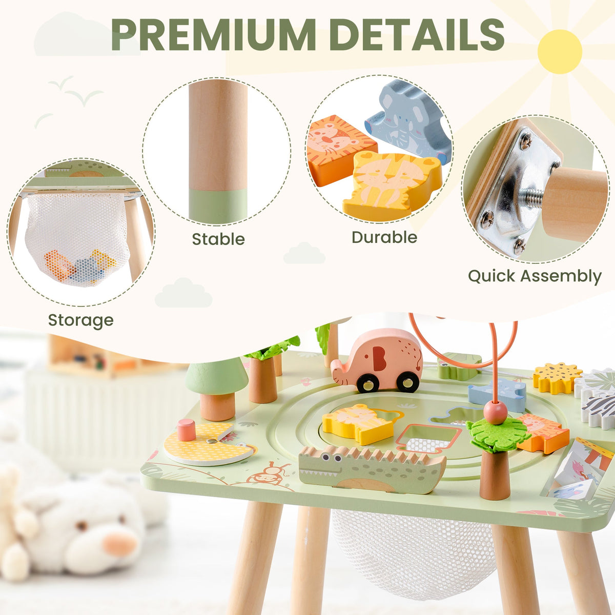 ROBUD 11 in 1 Wooden Rainforest Activity Table premium details showing stable legs, durable panels and quick assembly feature