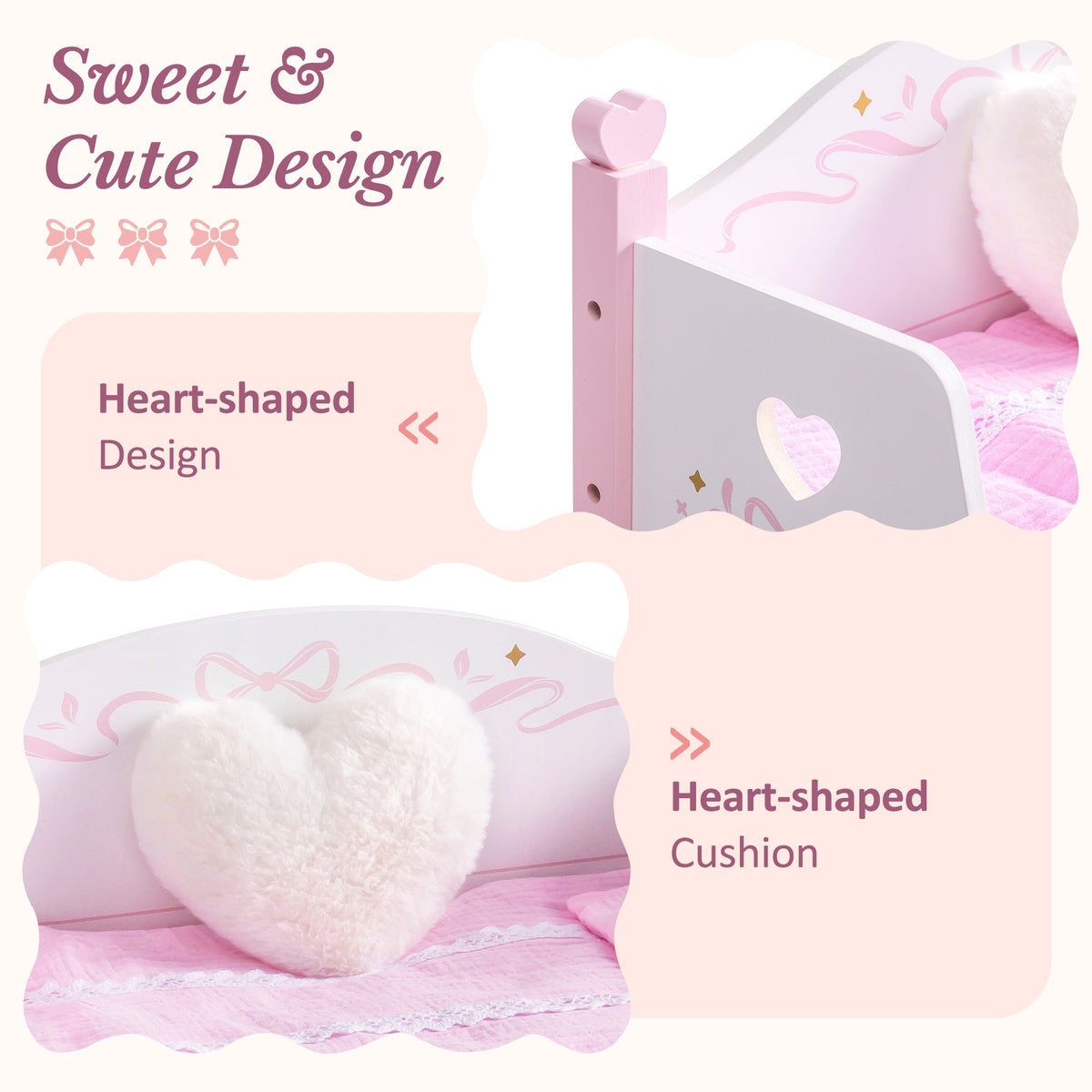 ROBUD white wooden doll sofa bed with pink heart cutouts and bow detail showing sweet and cute design with heart-shaped cushion