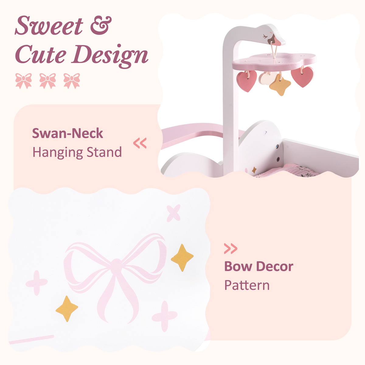 ROBUD doll changing table features a swan-neck hanging stand and soft pink bow decor pattern for 18-inch dolls.