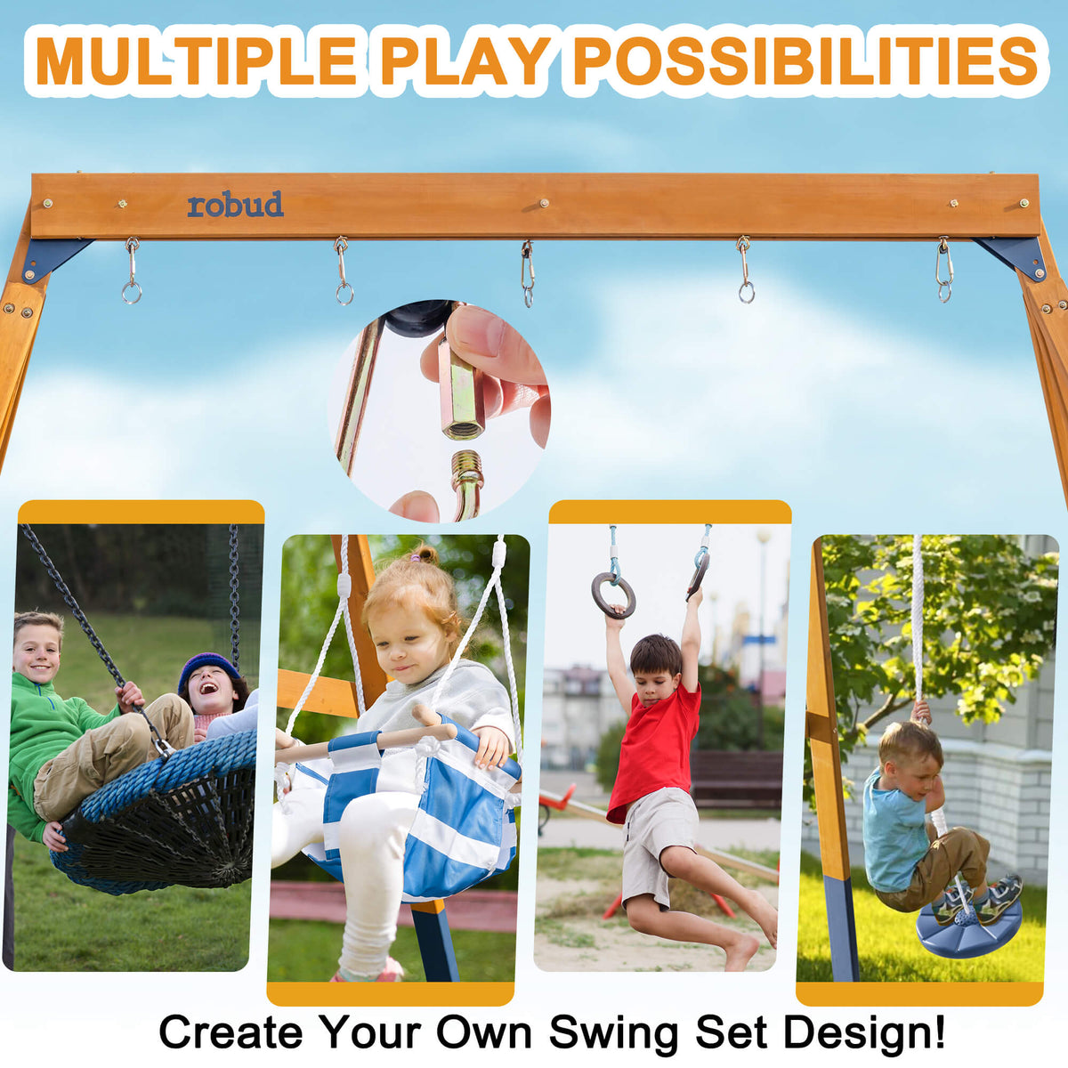 ROBUD natural wood A-frame swing set showing multiple play possibilities with a carabiner hook close-up and four collage images of children swinging outdoors