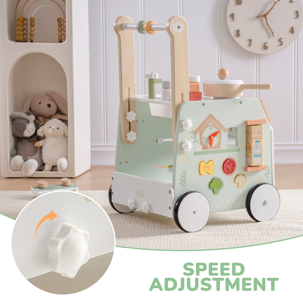 ROBUD Spring Countryside mint-green baby push walker with speed adjustment wheel knob shown in a kids room beside stuffed bunnies and a wall clock
