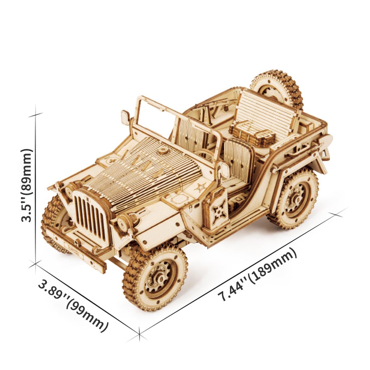 ROKR Army Jeep 3D wooden puzzle dimensions diagram with measurements 7.44 by 3.89 by 3.5 inches labeled