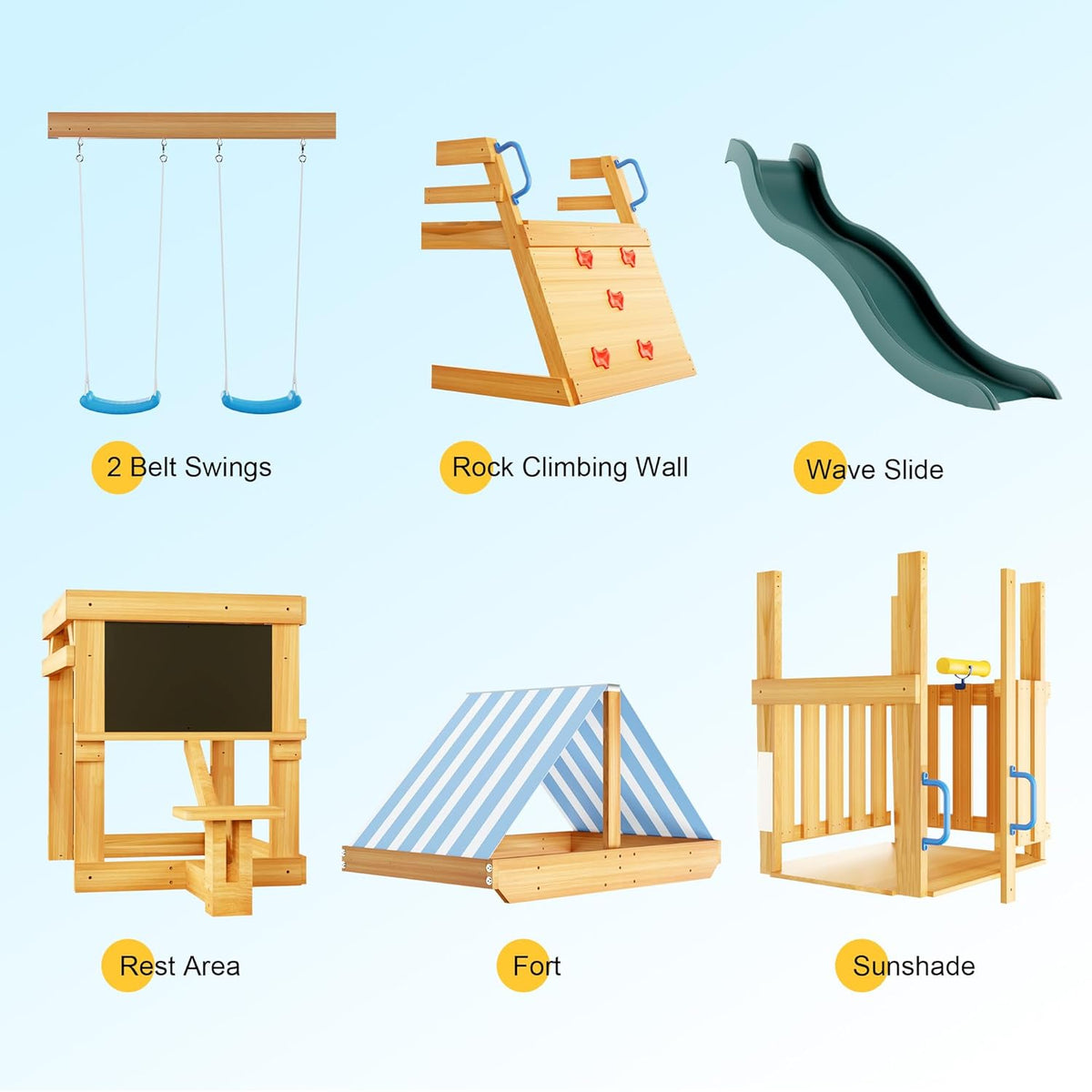 ROBUD wooden swing set component overview showing belt swings, rock climbing wall, wave slide, play area and sunshade modules