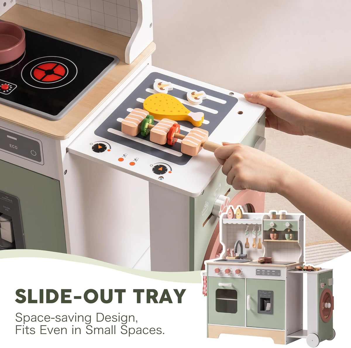Robud wooden play kitchen expandable, close-up of texture and finish