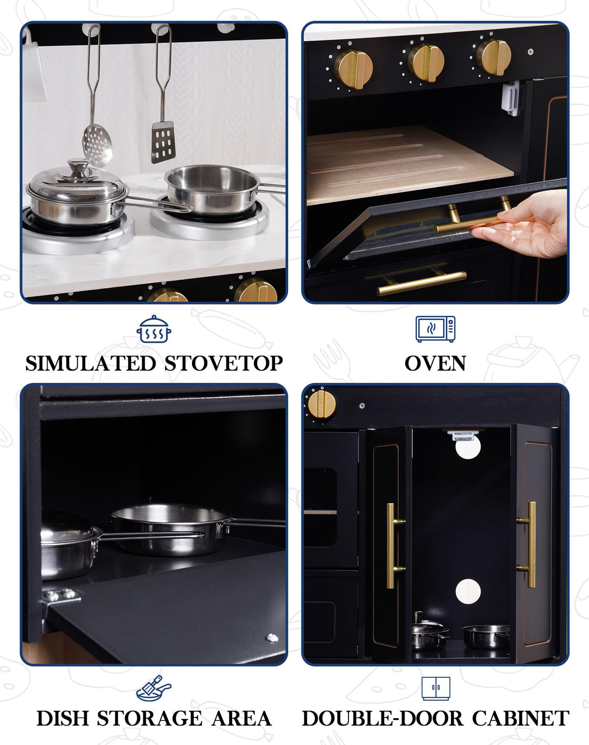 ROBUD obsidian kitchen playset feature card showing simulated stovetop, oven, storage and cabinet details