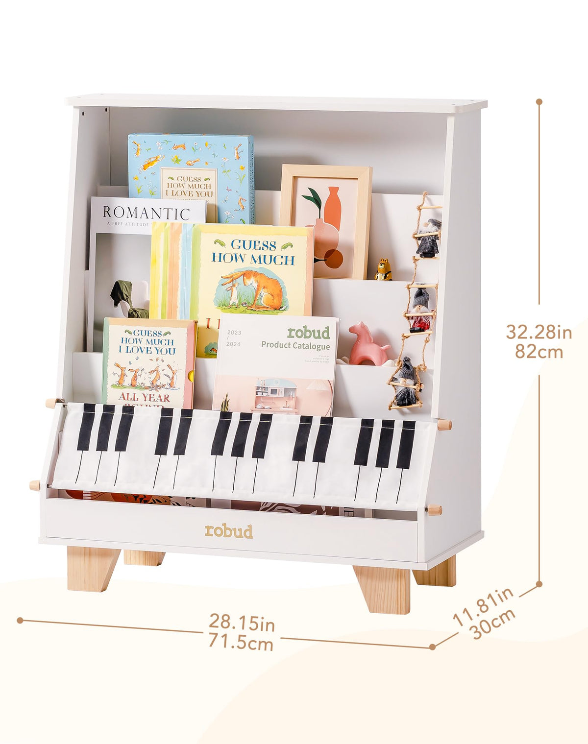 ROBUD Wooden Kids Bookshelf Piano WF009 white version with piano-key fabric storage bag and tiered book display holding colorful children's books in a warm indoor setting showing dimensions
