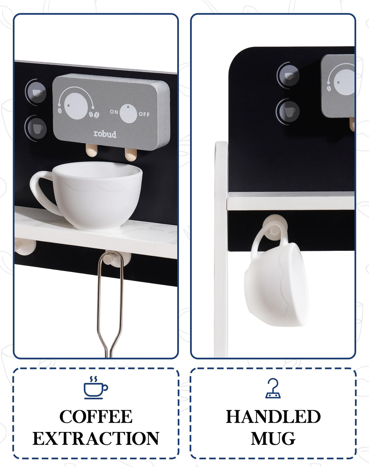 ROBUD obsidian kitchen playset detail showing coffee extraction panel and handled mug hook on upper shelf
