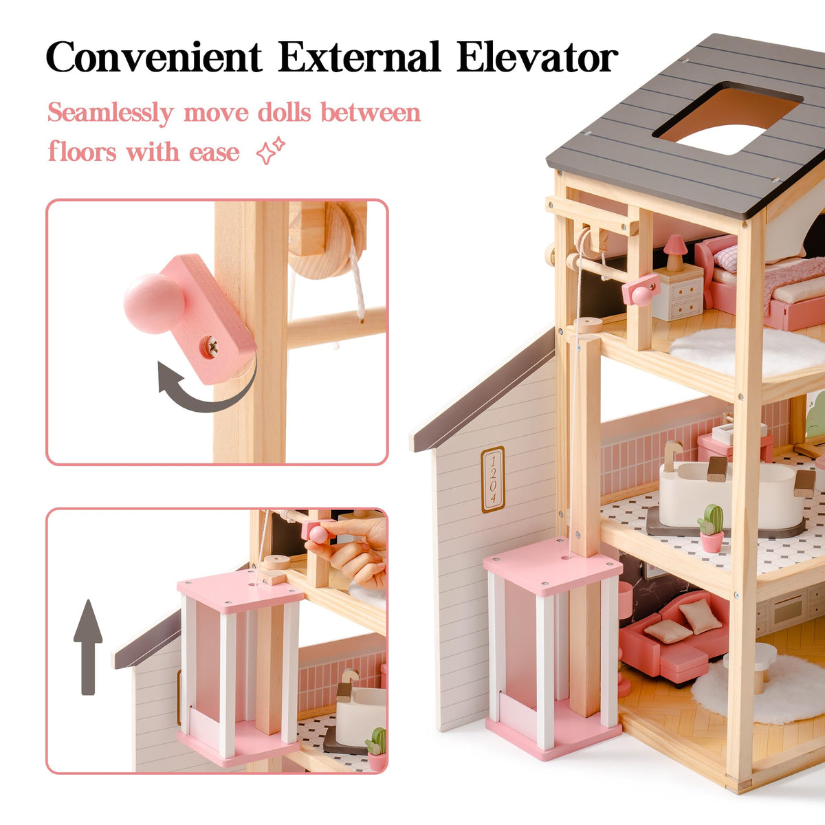 Robud three-story wooden dollhouse showing the external elevator feature with close-up detail of the pulley mechanism that moves dolls between floors