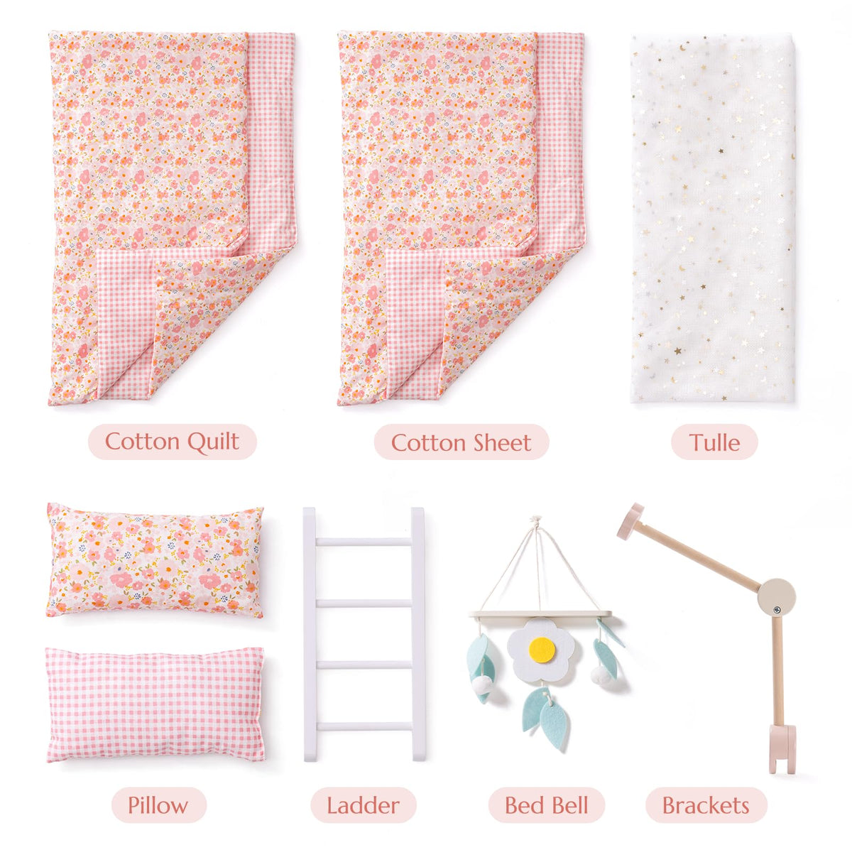 Robud pink floral baby doll bunk bed set contents including cotton quilt, fitted sheet, star-print tulle, pillows, wooden ladder and daisy bed bell mobile