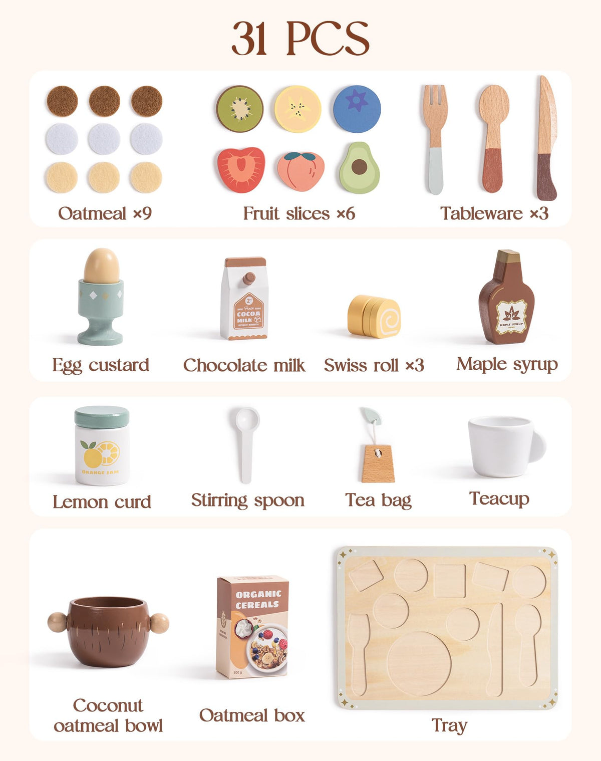 ROBUD wooden play kitchen food set showing 31 pieces including oatmeal, fruit slices, tableware, tea bags and tray