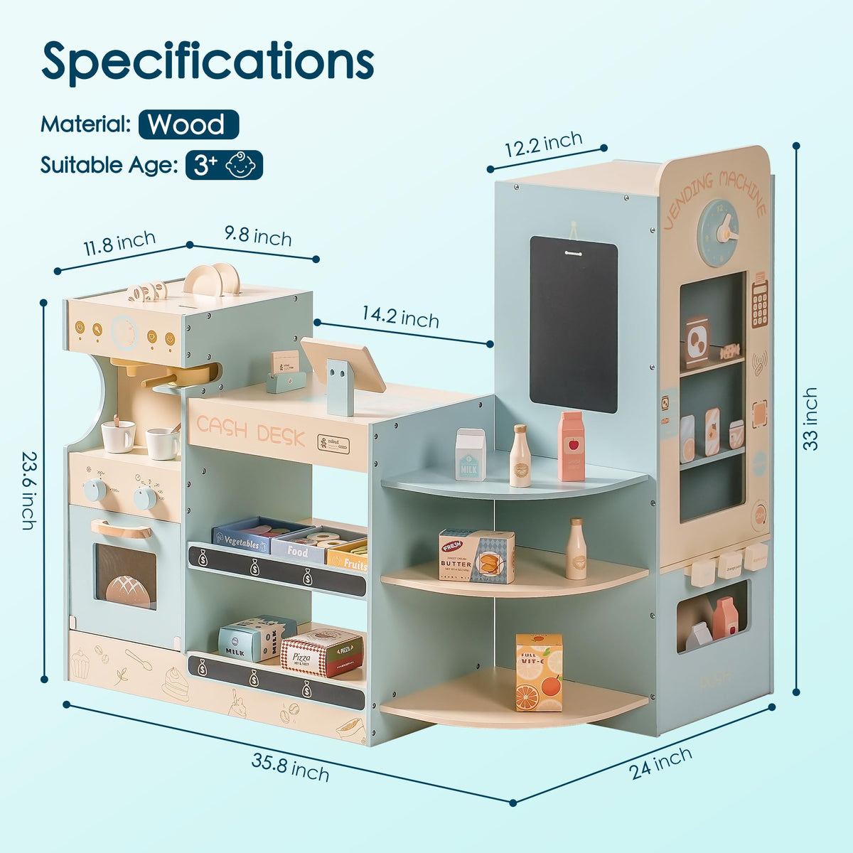 Robud wooden coffee shop playset, size and scale comparison