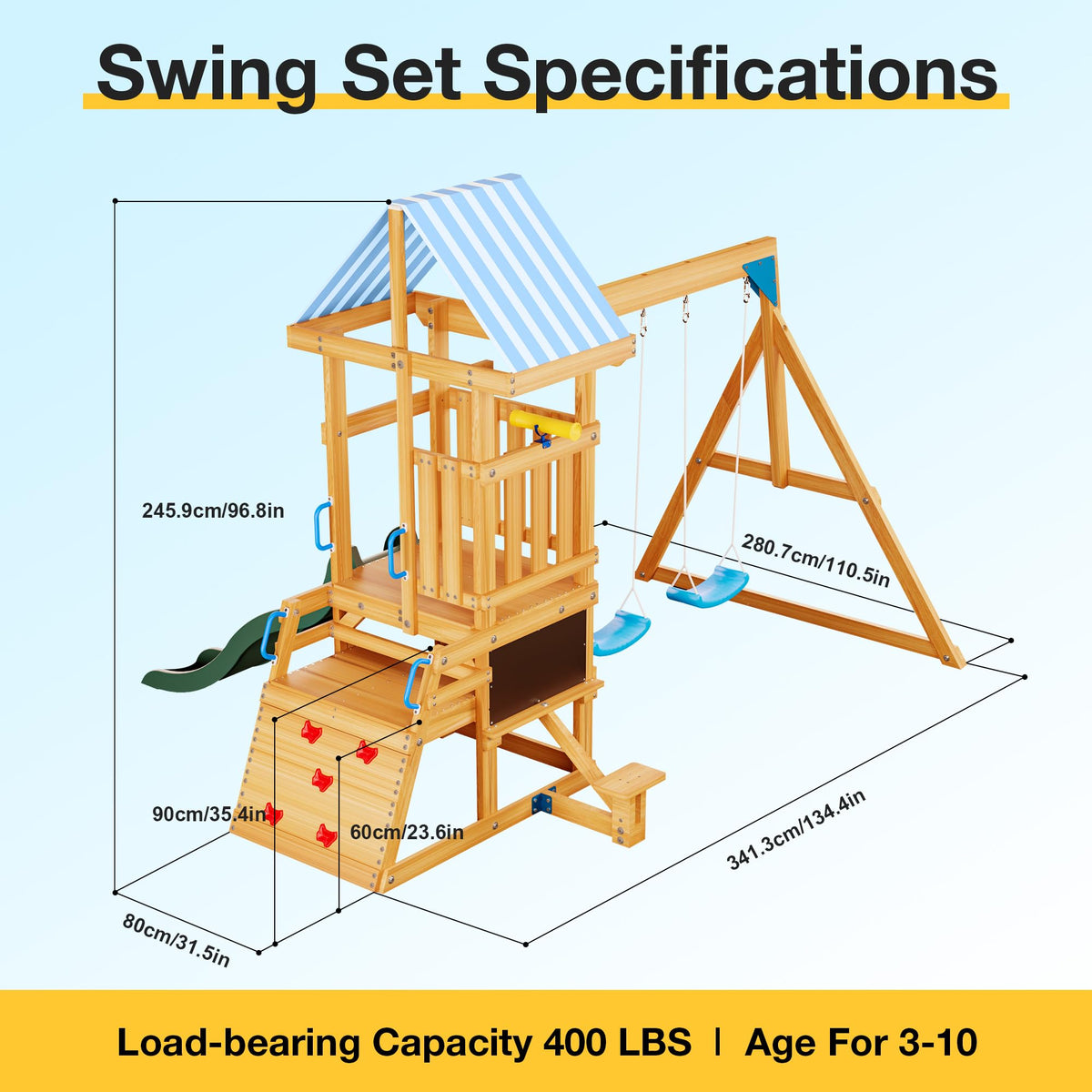 Robud wooden swing set, feature callouts and dimensions