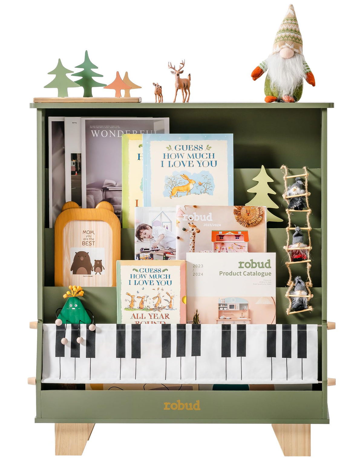 ROBUD Wooden Kids Bookshelf Piano green version front view with plush animal toys and tree decorations on top showing the full shelf filled with books and the piano key fabric storage tote