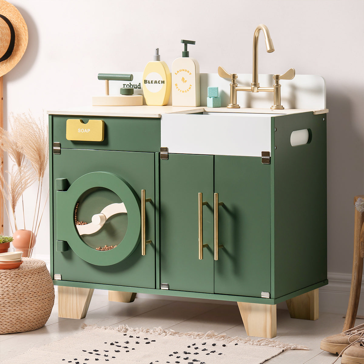 ROBUD green wooden sink and washing machine playset with gold faucet and laundry accessories shown.