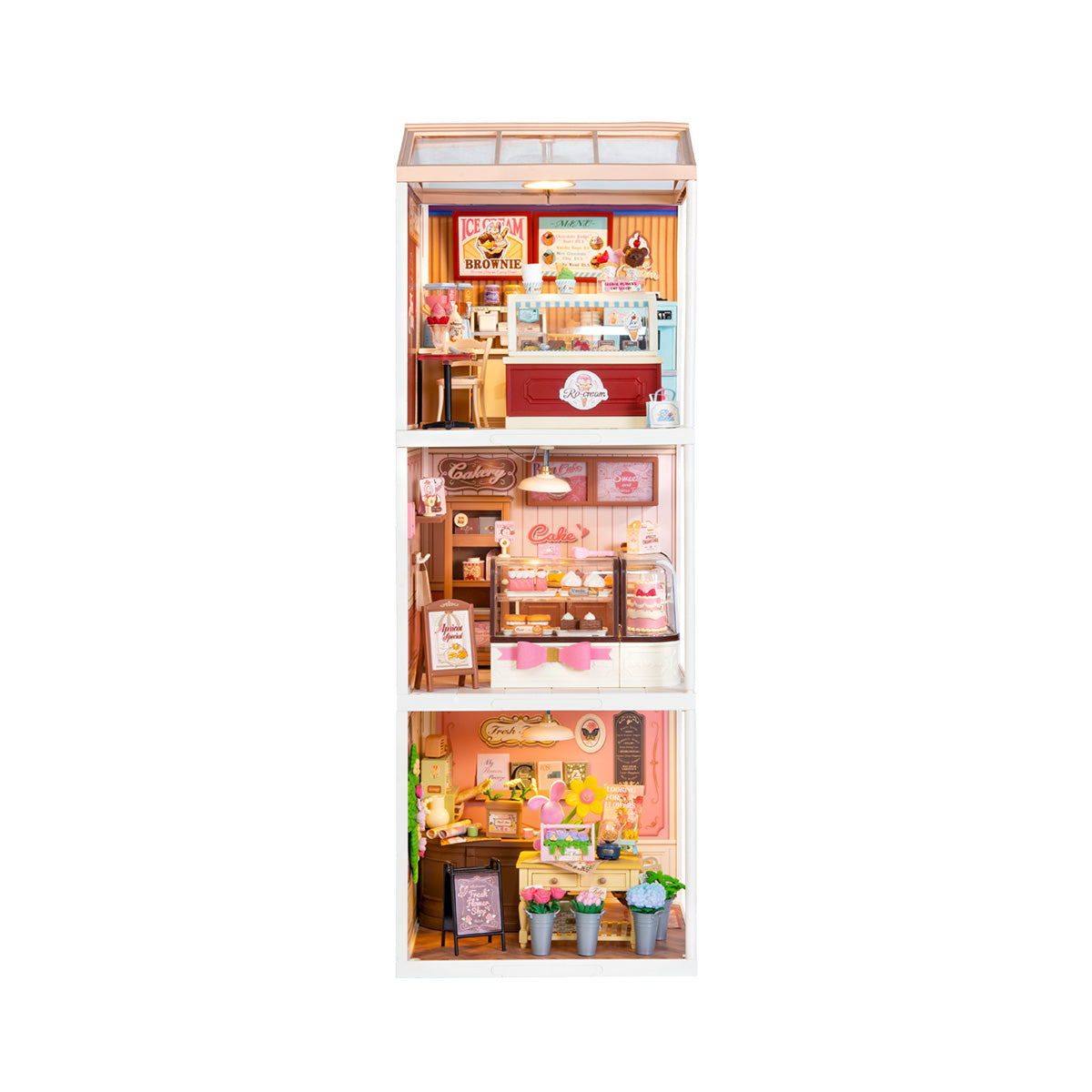 Rolife Super Creator I-Shape 3-in-1 miniature dollhouse tall view showing ice cream parlor, bakery and fresh flower shop stacked in a white frame with glass roof