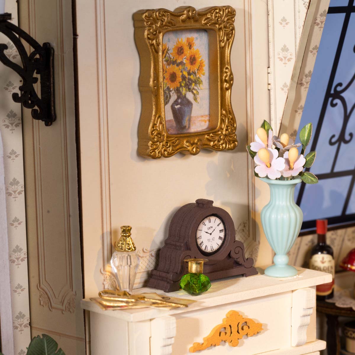 Rolife Catherine's Living Room DG175 miniature house lifestyle scene with red tufted sofa, chess table, fireplace, and tall bookcase inside a cozy Victorian room
