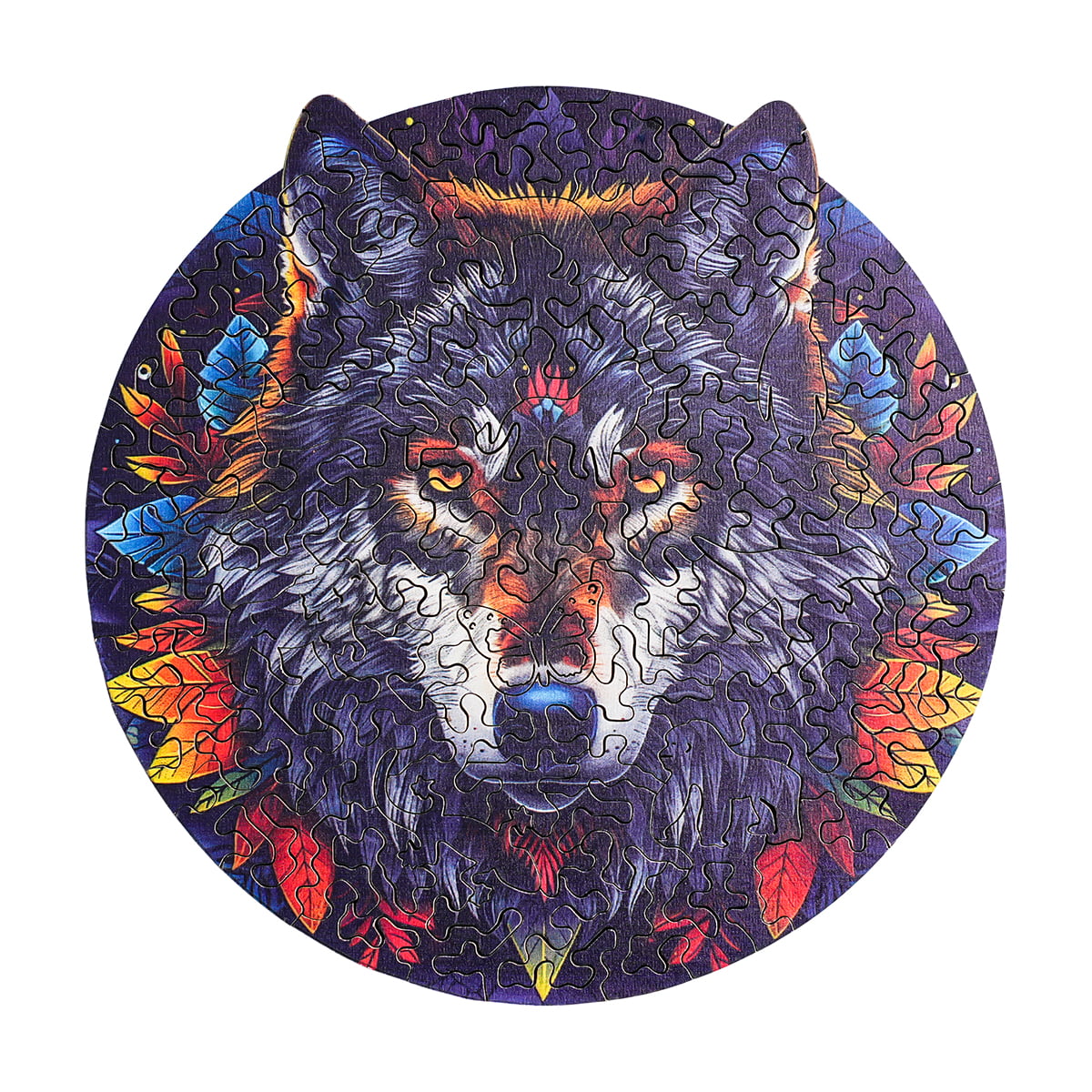 Robotime round wooden jigsaw puzzle completed showing a wolf portrait with colorful feather accents on dark background