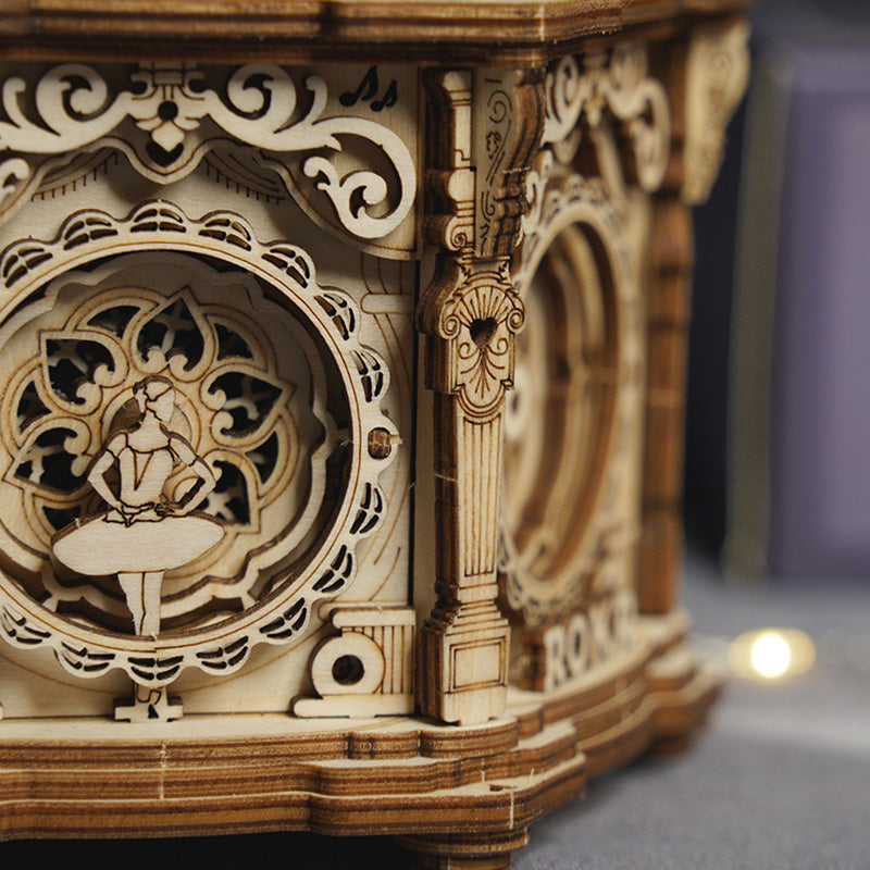 ROKR Secret Garden music box close-up of side panel with laser-cut dancing ballerina figurine in ornate floral frame