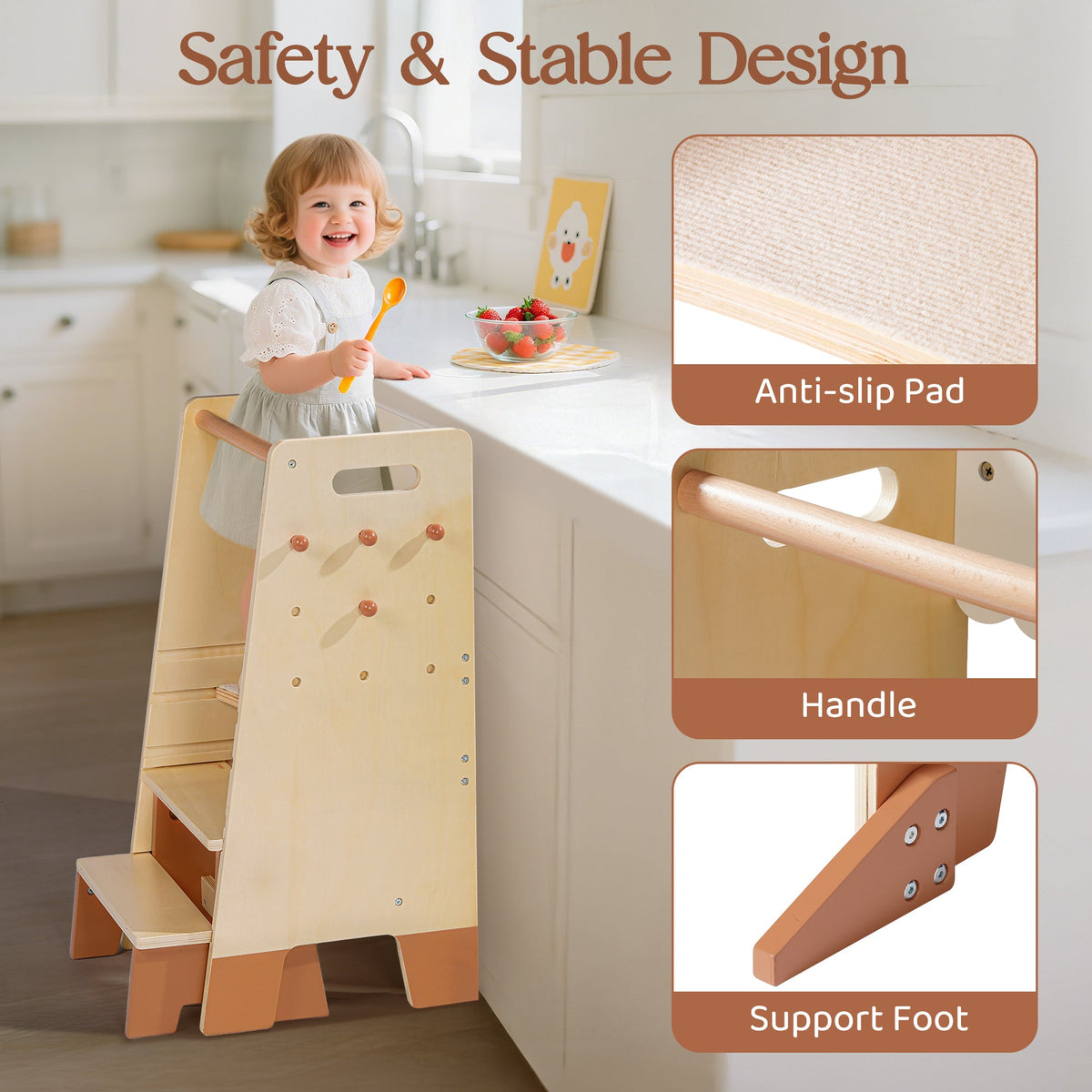 Baby standing safely at kitchen counter with ROBUD Toddler Standing Tower showing anti-slip pad, side handle and support foot construction details