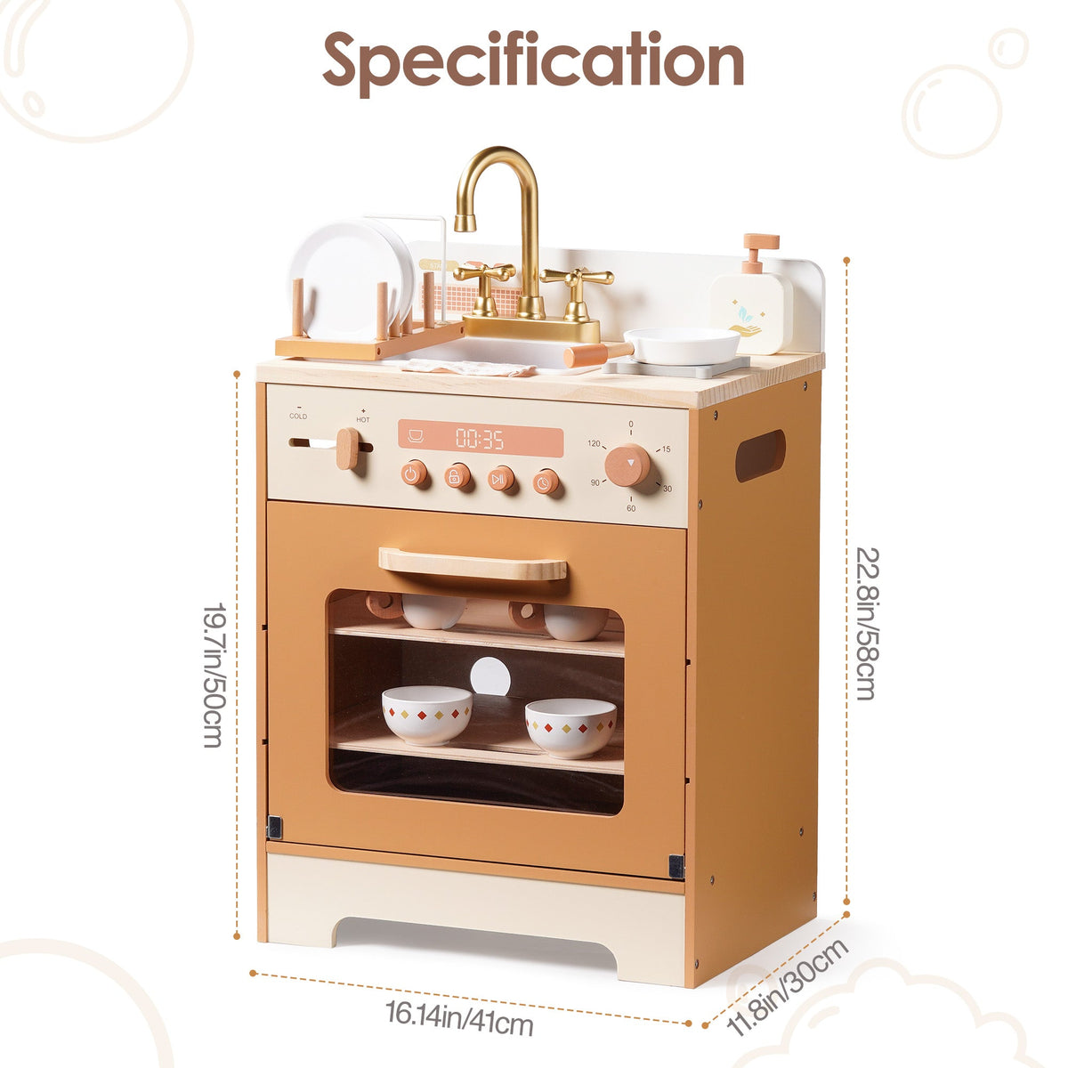 ROBUD Wooden Caramel Dishwasher specification diagram showing sink dimensions with brass faucet and oven compartment labeled