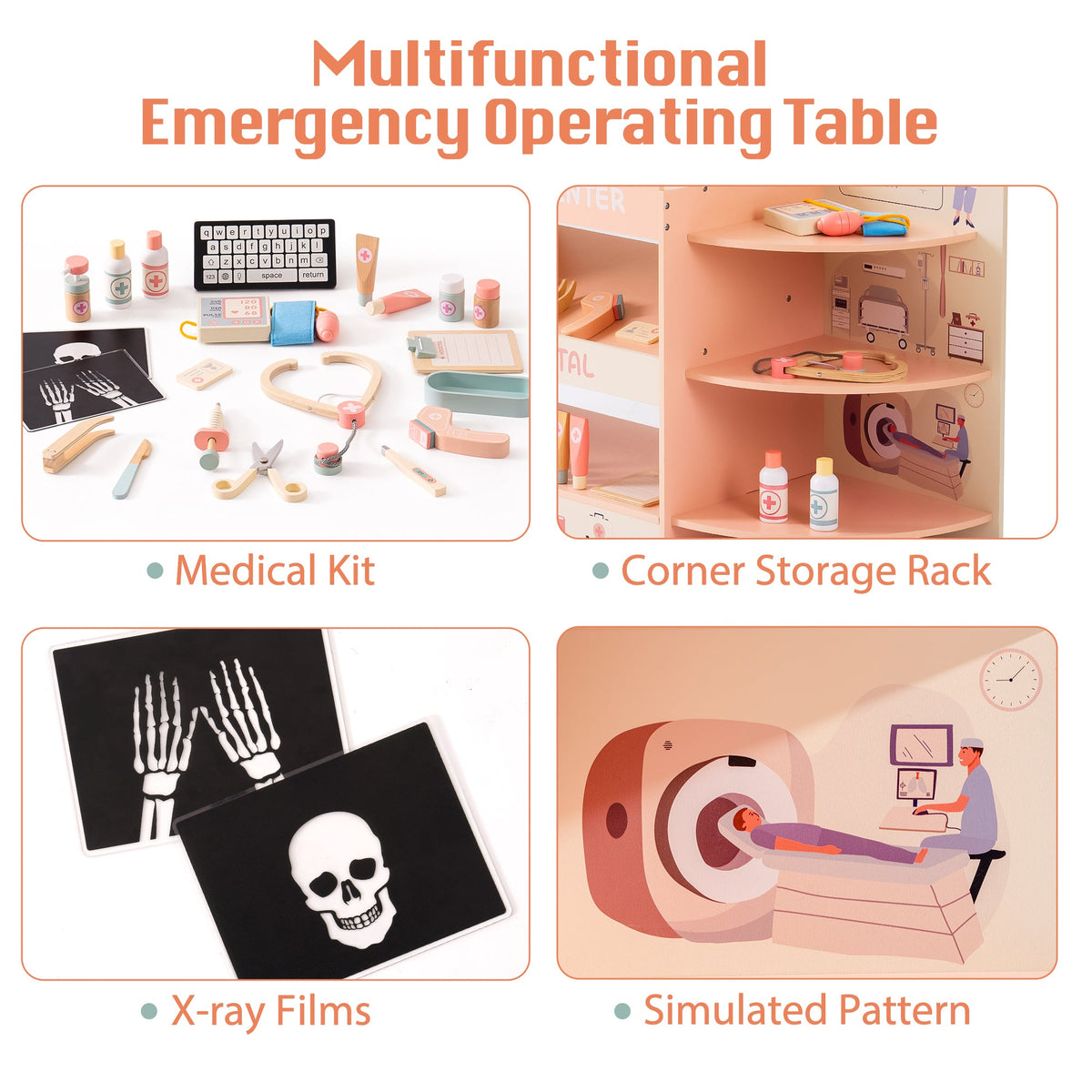 ROBUD multifunctional emergency operating table infographic showing medical kit, corner storage rack, x-ray films and simulated doctor panel