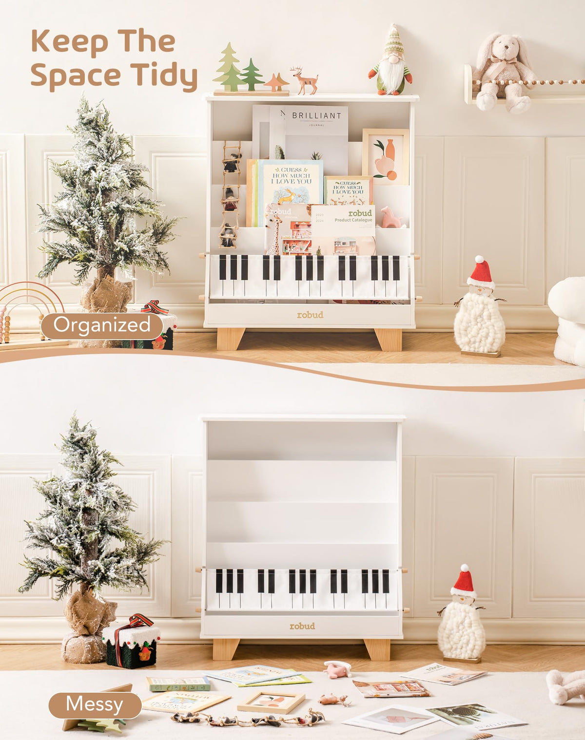 ROBUD Wooden Kids Bookshelf Piano white keep-tidy comparison showing the bookshelf organized with books and toys versus the same room messy with items scattered on the floor next to a snowy Christmas tree