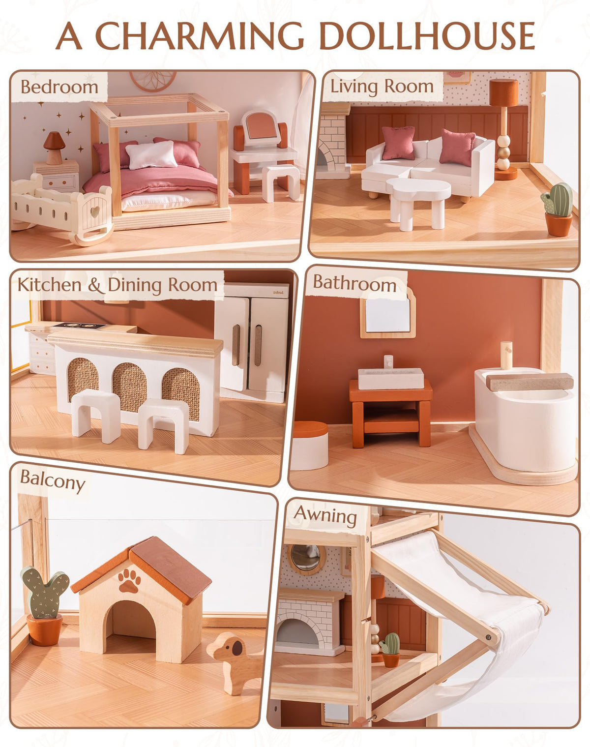 Robud wooden dollhouse bohemian, top-down view of components