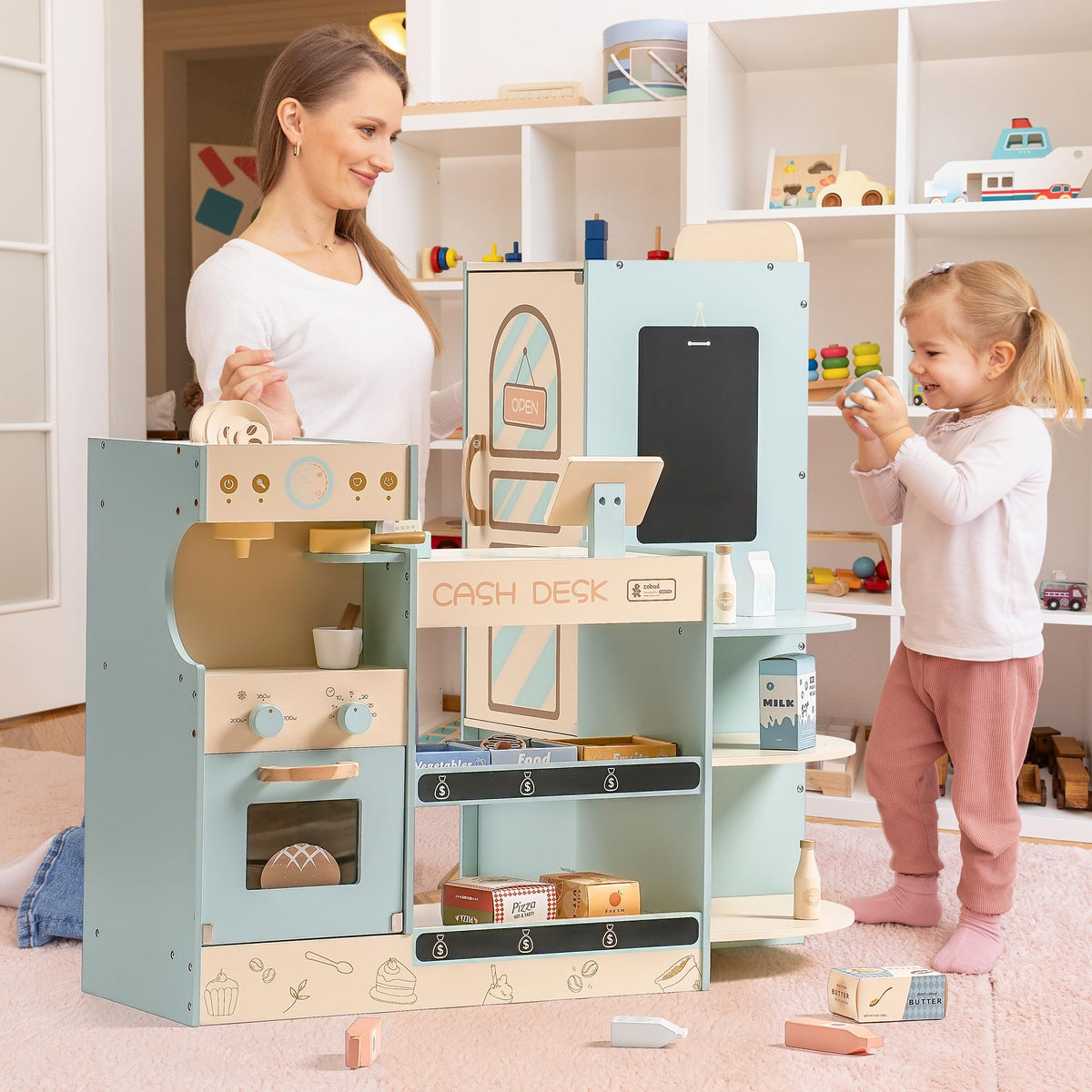 Robud wooden coffee shop playset, angled view showing front and side